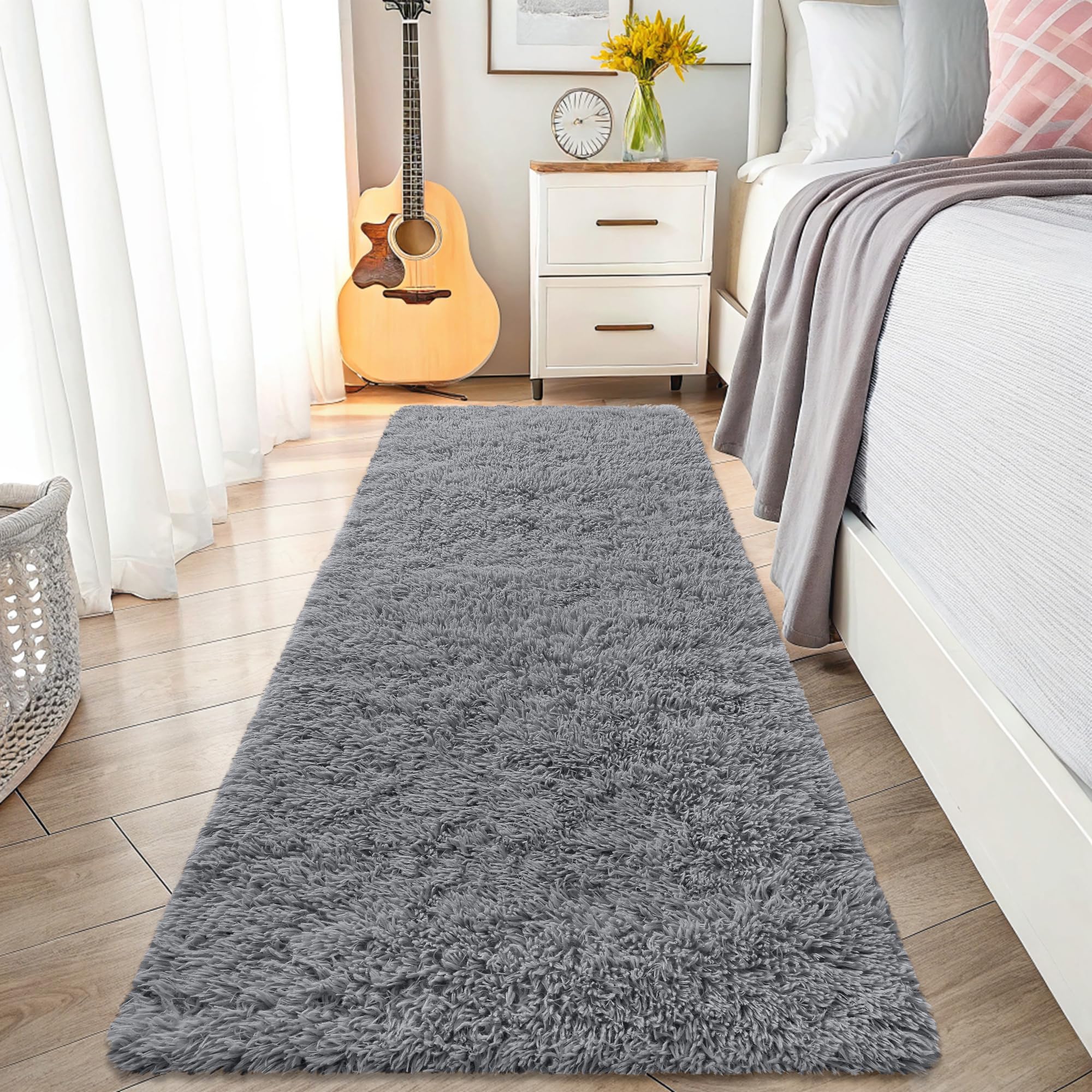 smiry Fluffy High Pile Rugs Living Room, Anti Slip Shaggy Soft Carpet, Machine Washable Modern Large Thick Area Rugs for Bedside, Kids Bedroom - Grey, 90 x 210 cm