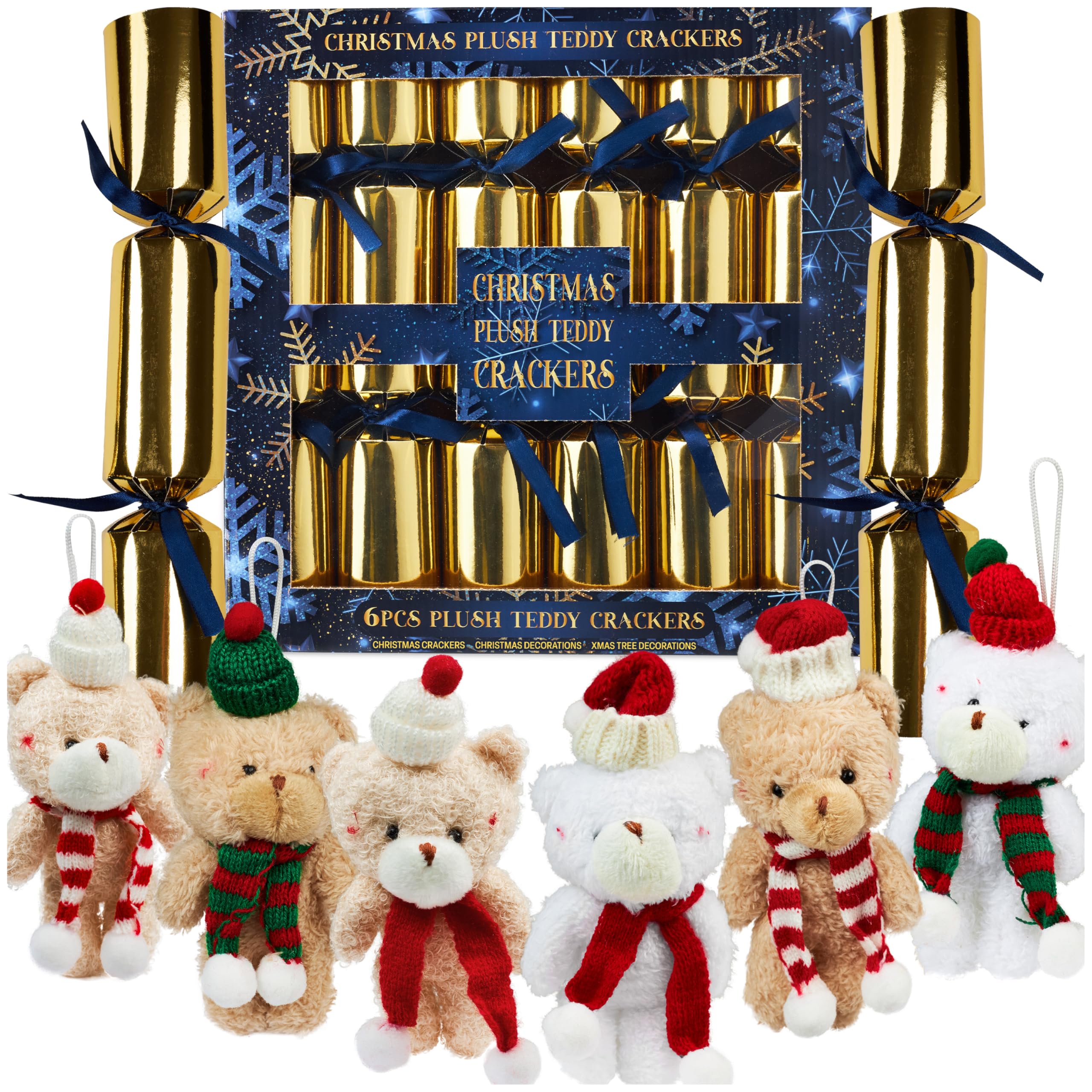 KreativeKraft Luxury Christmas Crackers, Set of 6 Deluxe Xmas Crackers, Plushies Hanging Xmas Tree Ornaments, Fun Novelty Party Gifts Christmas Decor (Gold)