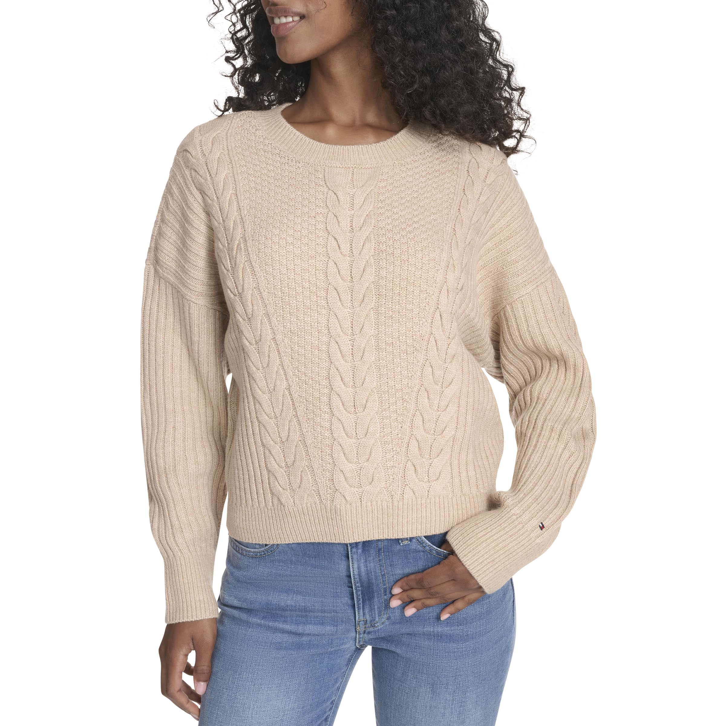 Tommy Hilfiger Women's Solid Cable Crewneck Bobbi Pullover Sweater, Light Fawn, XL
