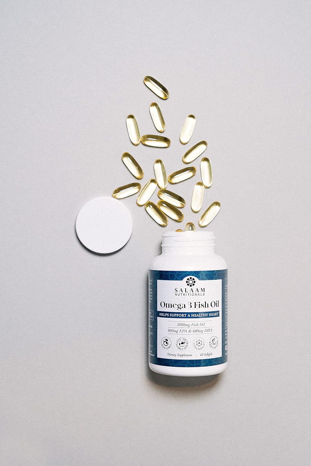 Salaam Nutritionals Halal Fish Oil, Burpless, Omega 3 DHA+ EPA 2,000mg for Heart, Eye, Brain and Joint Health.