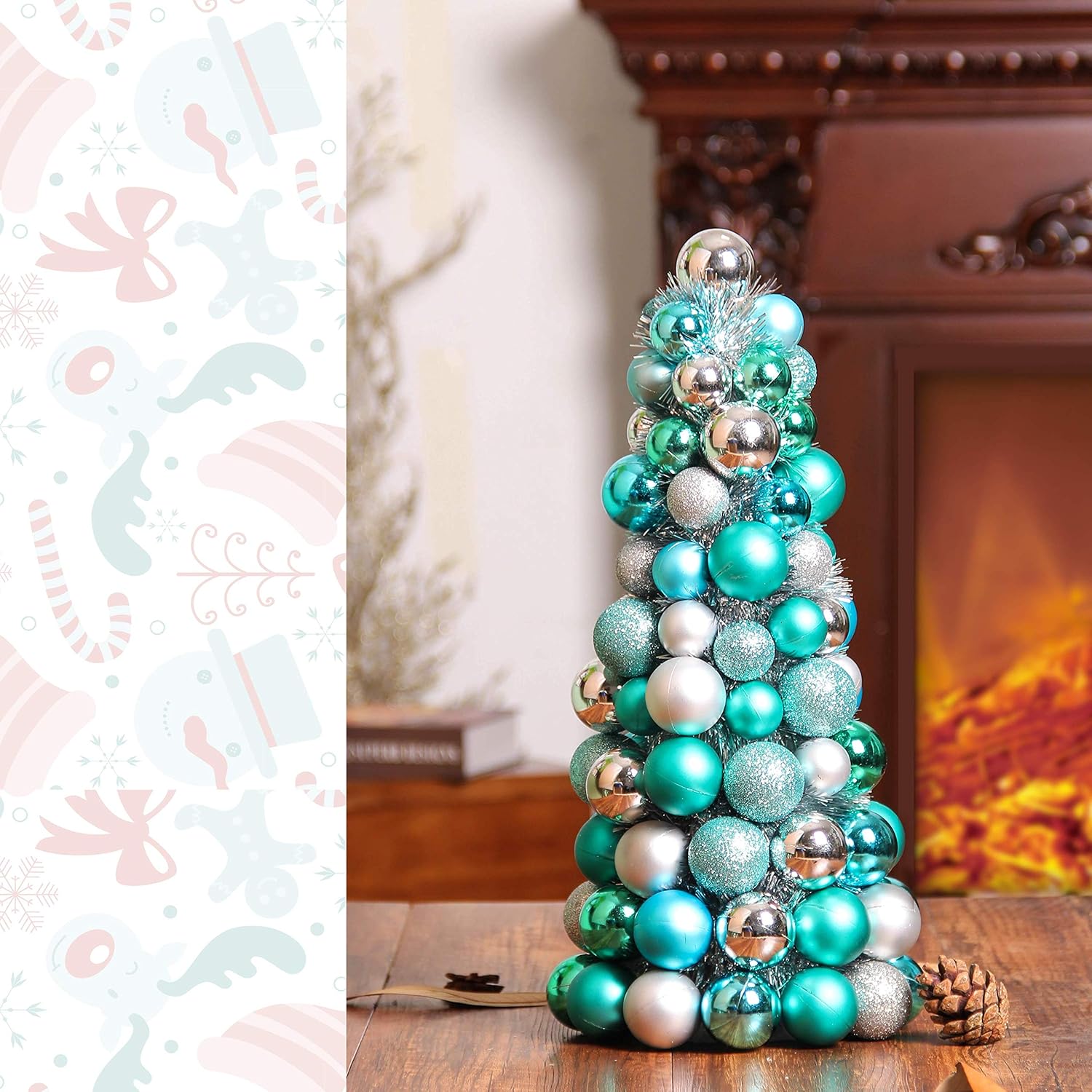 16 Inch Christmas Ball Tree Fireplace Table Decoration Home Party Ball Ornaments Xmas Tree Decors Blue Silver
