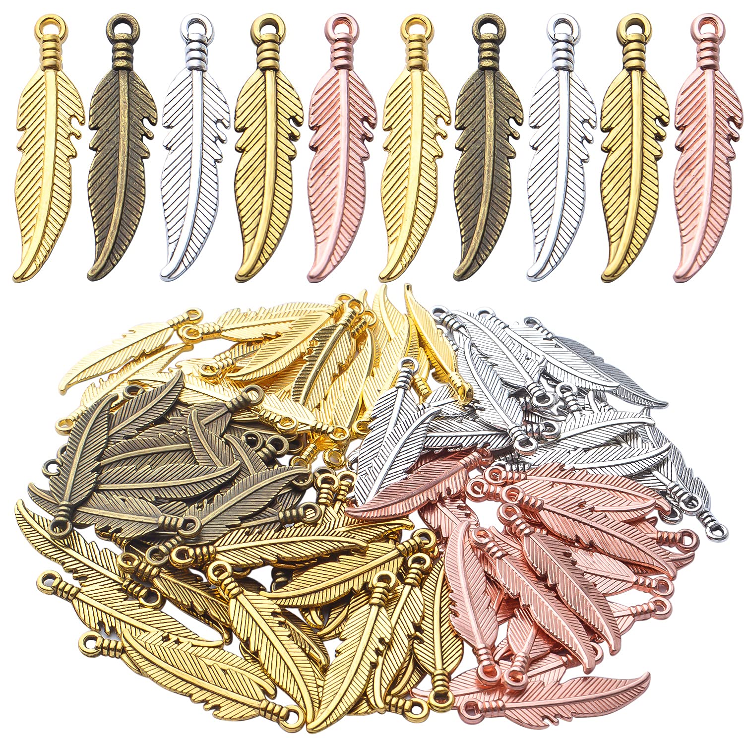 BronaGrand 100pcs Feather Charm Pendants Tibetan Alloy Dangle Leaf Charms Craft Supplies for Jewelry Making Findings Accessory for DIY Bracelet Necklace,5 Colors