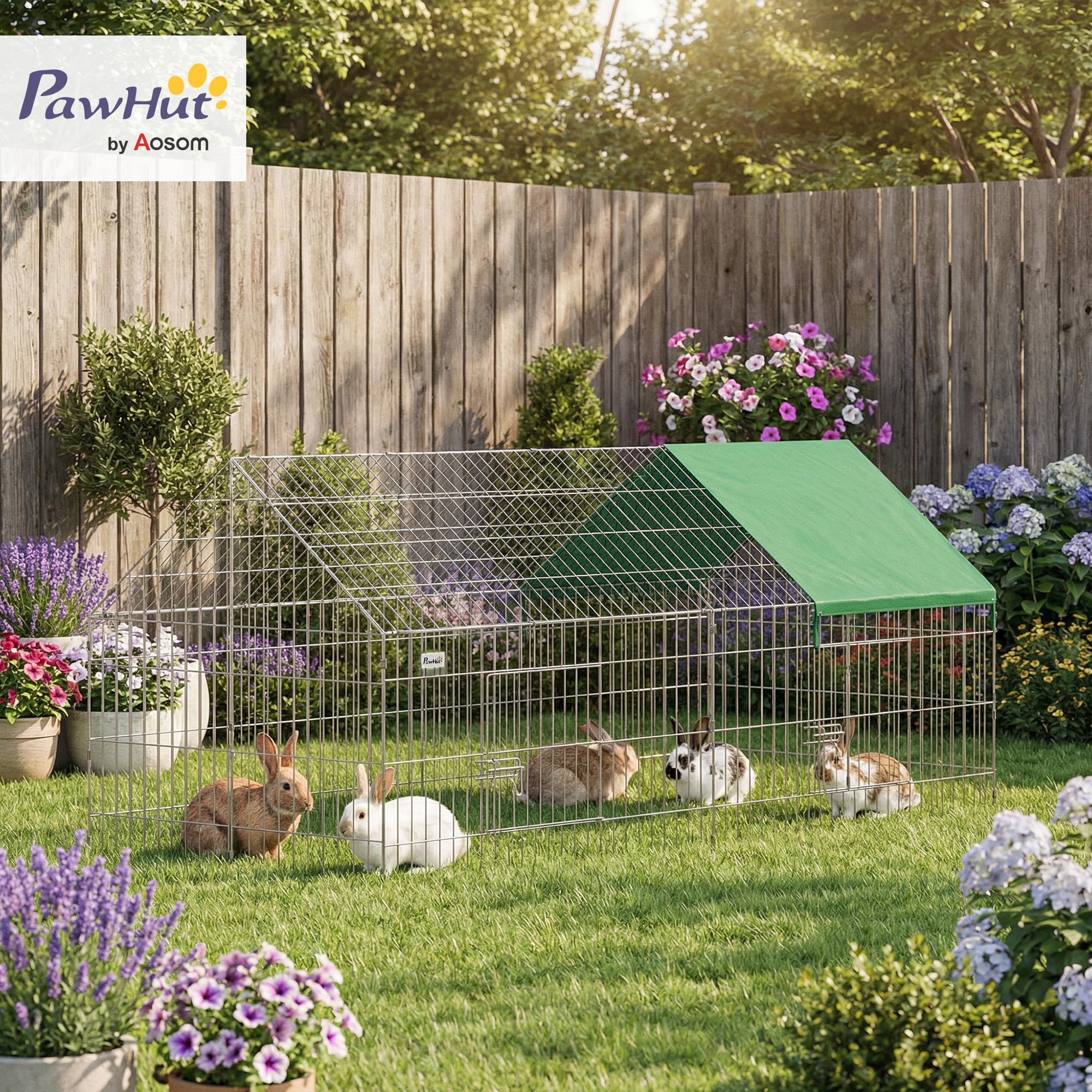 PawHut Parc Enclos Cage Lapin Extérieur, Structure Acier avec 2 Portes Verrouillables et Protection Pare-Soleil Toit Incliné, pour Lapins Poulets Canards Petits Animaux, 180x75x75 cm, Vert