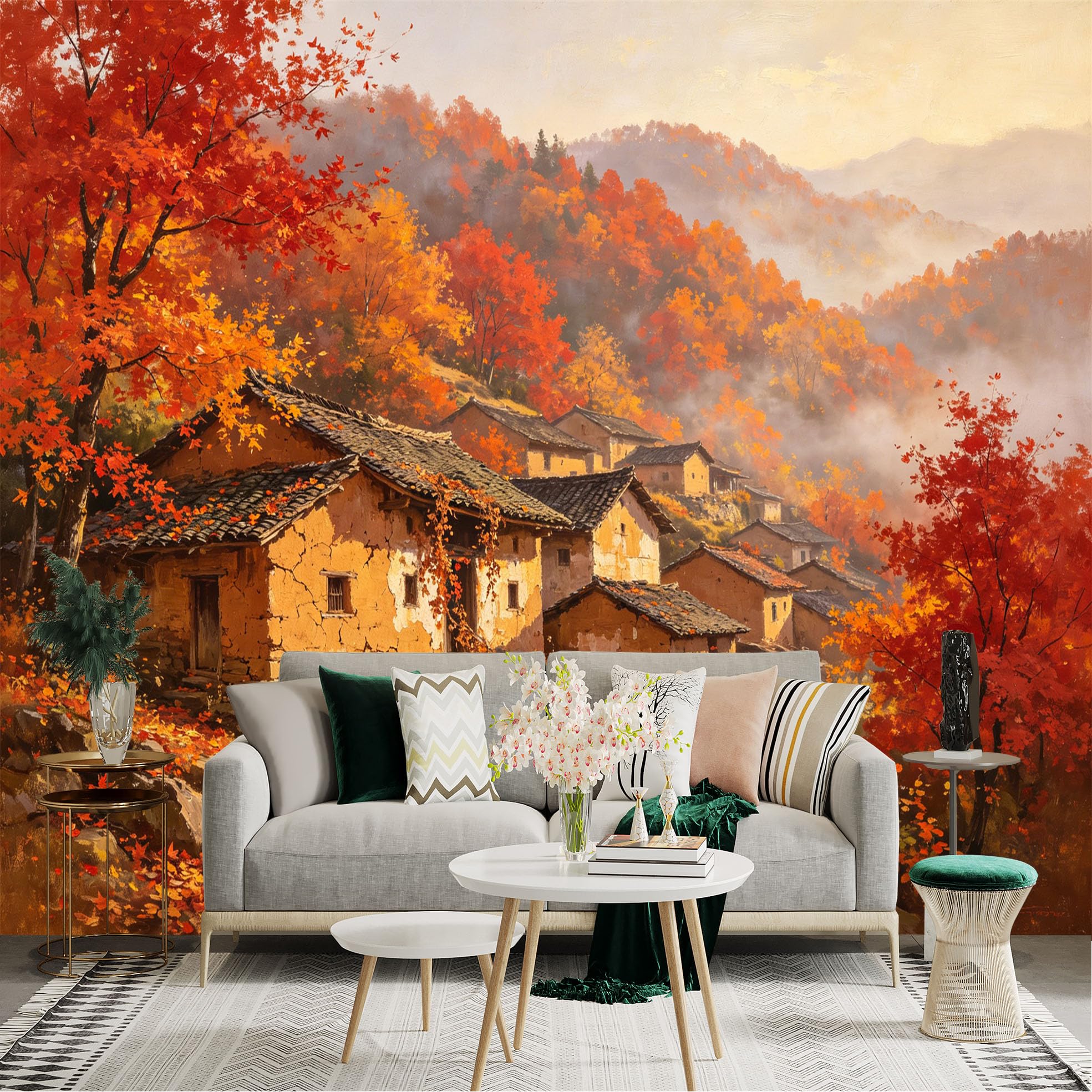 Custom Size Wall Sticker Mural， Autumn Mountain Village with Red Maple Trees and Misty Hills， for wall Decoration， peelandstick wall Decals.