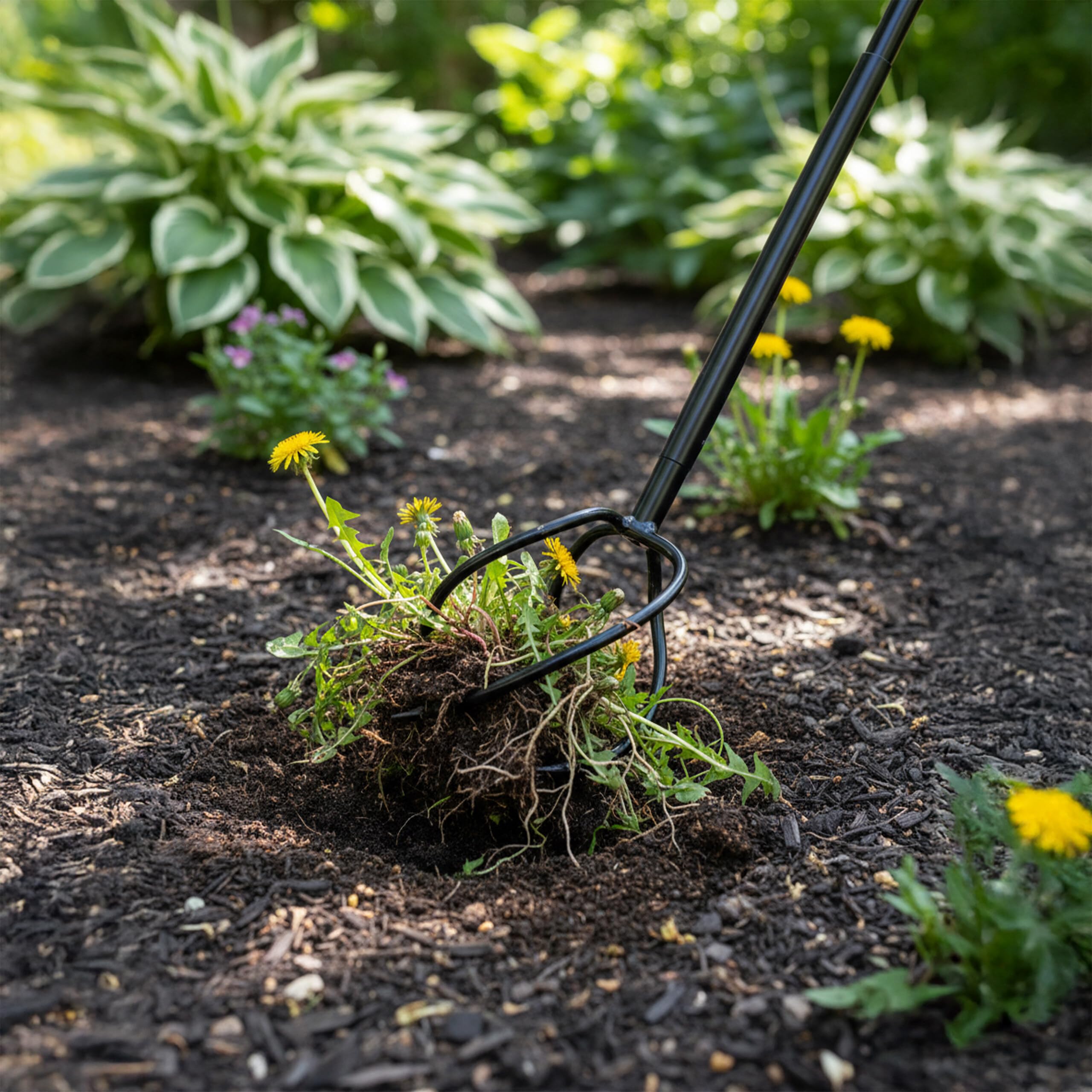 Relaxdays Gartenkralle mit Stiel, 4 Zinken, rutschfeste Griffe, 100 cm hoch, Unkrautstecher & Kultivator, Stahl, schwarz