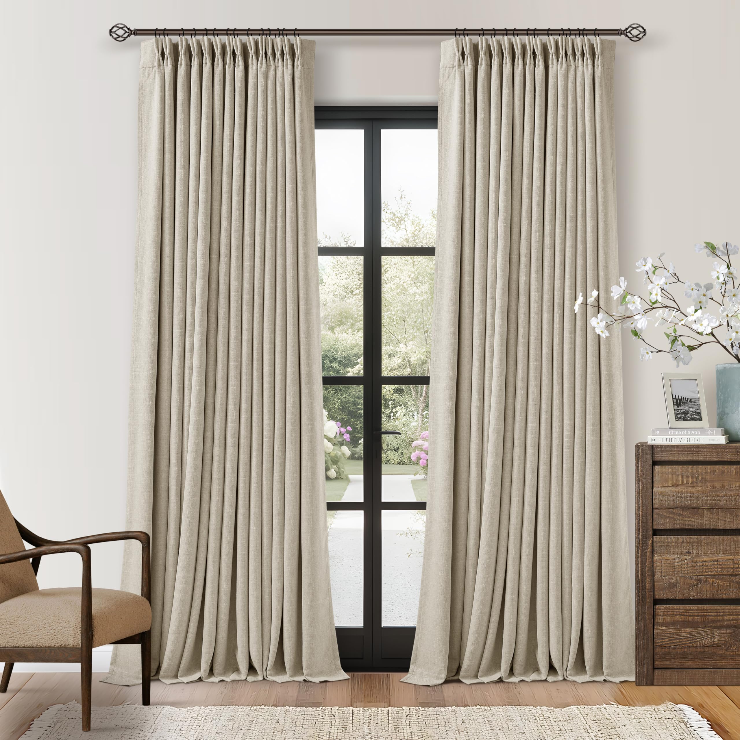 Pinch Pleat Beige 120 Inch Blackout Curtains for Living Room 2 Panels Set — image 1