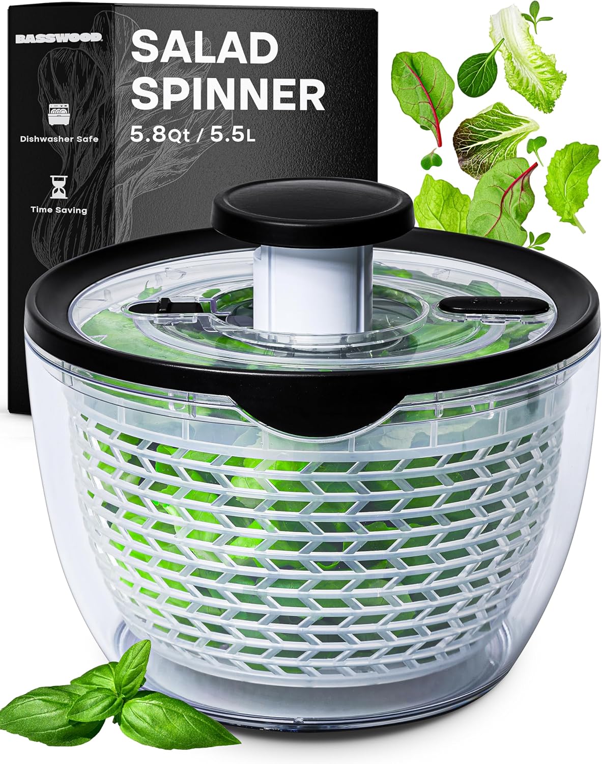 BASSWOOD Pump Salad Spinner with Bowl and Colander – Quick and Easy Multi-Use Lettuce Spinner, Vegetable Dryer, Fruit Washer, Pasta and Fries Spinner – 5.8 Qt BASSWOOD Pump Salad Spinner with Bowl and Colander – Quick and Easy Multi-Use Lettuce Spinner, Vegetable Dryer, Fruit Washer, Pasta and Fries Spinner – 5.8 Qt