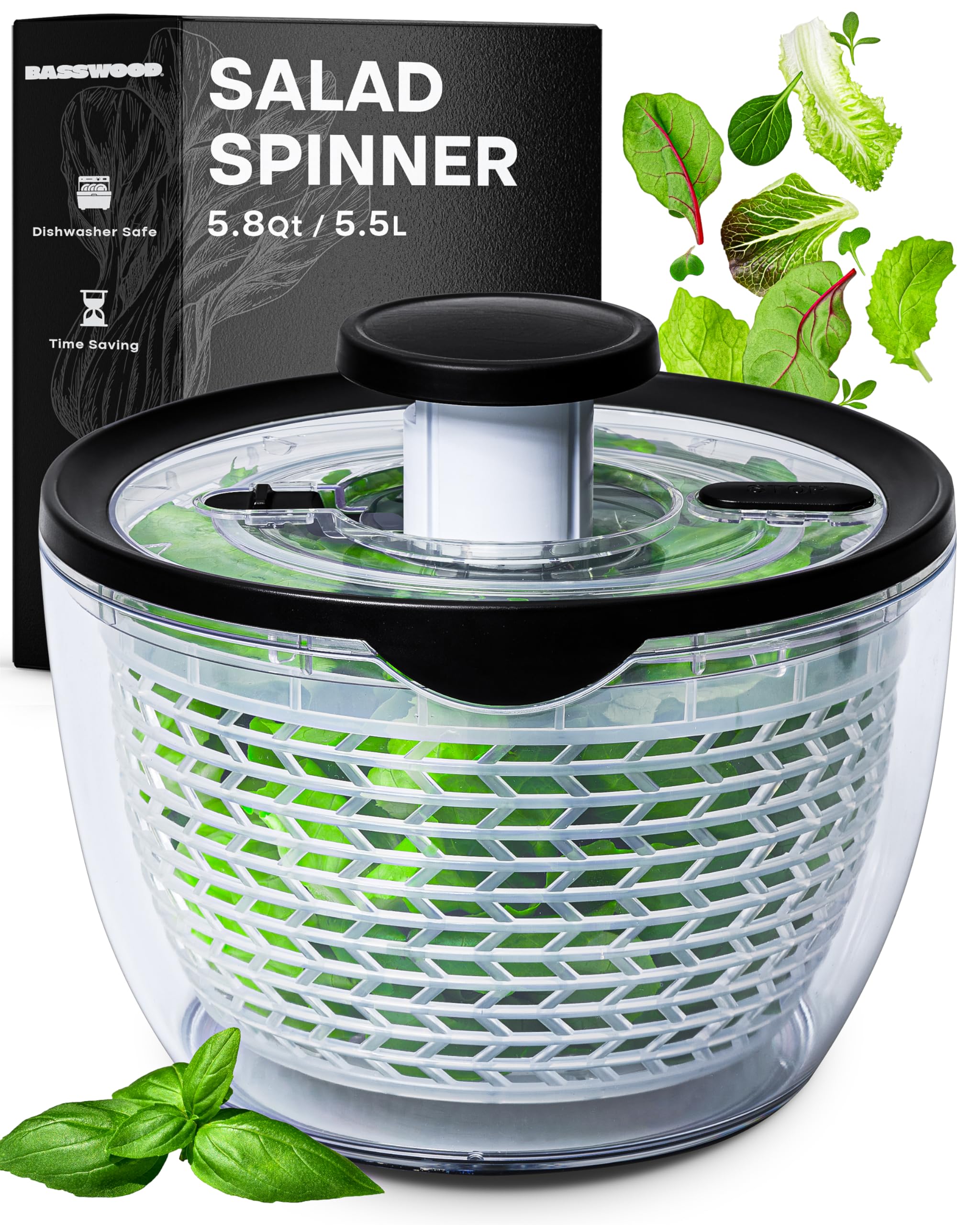 BASSWOOD Pump Salad Spinner with Bowl and Colander - Quick and Easy Multi-Use Lettuce Spinner, Vegetable Dryer, Fruit Washer, Pasta and Fries Spinner - 5.8 Qt