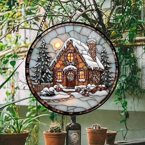 Miniatura 5 de Atrapasoles de Vidrio Manchado para Colgar en Ventanas - Atrapasoles de Árbol de Navidad y Cabaña para Puerta, Jardín, Hogar, Decoración de