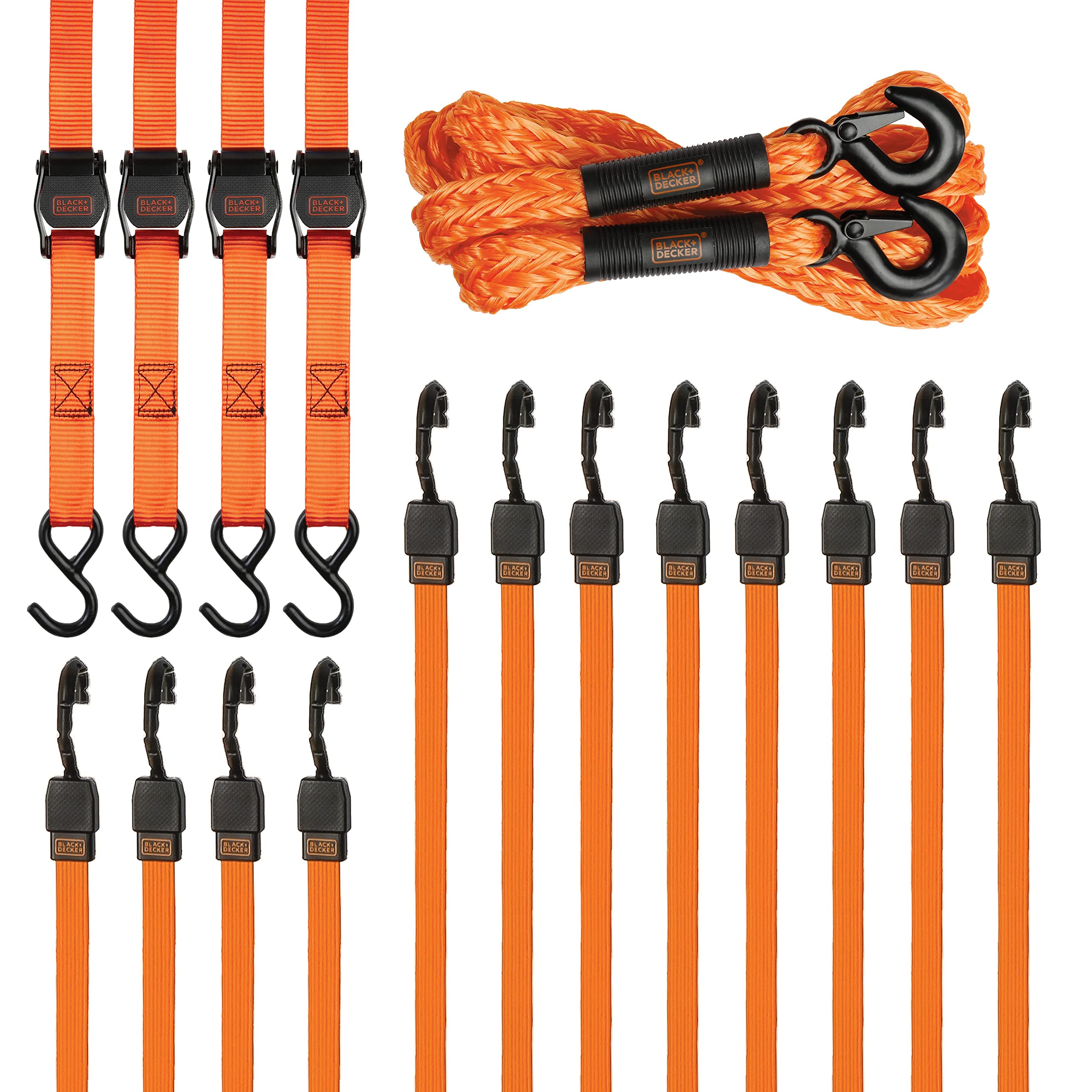 BLACK+DECKER BDX1017 - Kit de amarre de 17 piezas con cuerda de remolque de 14 pies, correas de hebilla de leva de lujo de 1 pulgada x 10 pies y cuerdas elásticas de correa plana de 24 y 36 pulgadas