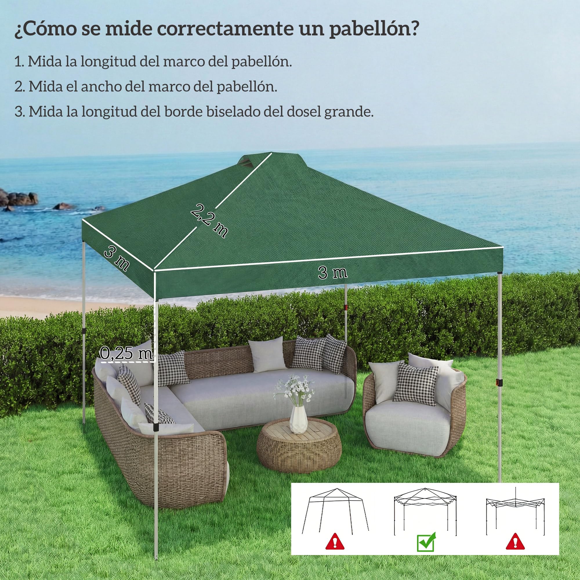 Outsunny Toldo de Pérgola de Recambio 3x3 m Techo de Repuesto para Carpa Plegable de Jardín de Tela Oxford 210D con 8 Orificios de Drenaje y Doble Ventilación Protección UV 50+ Solo TOLDO Verde