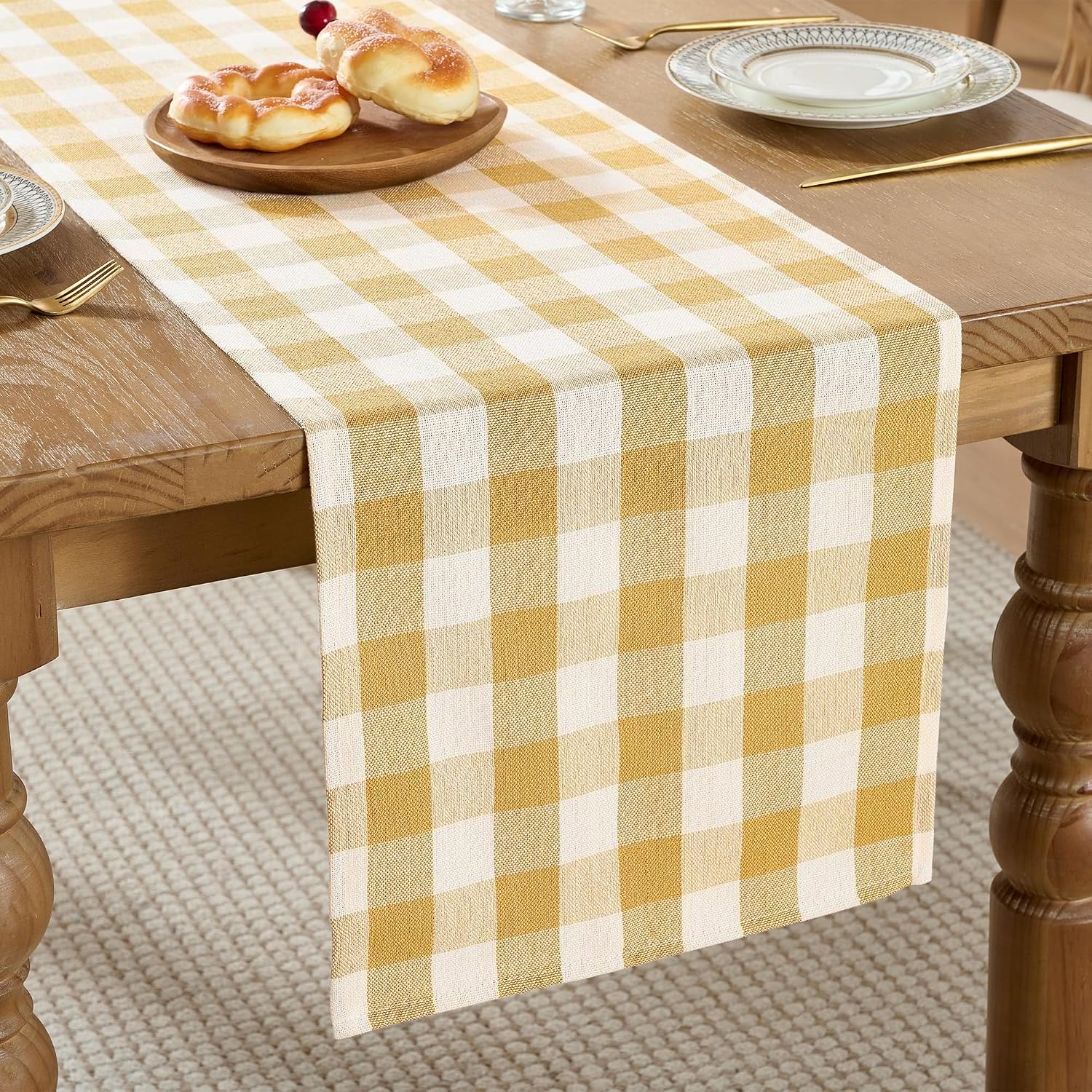 Gingham Table Runner 13x72 Inches Long, Beige | Washable Cotton Linen Checkered Plaid Farmhouse Fall Table Decor for Birthday Graduation Party Baby Shower