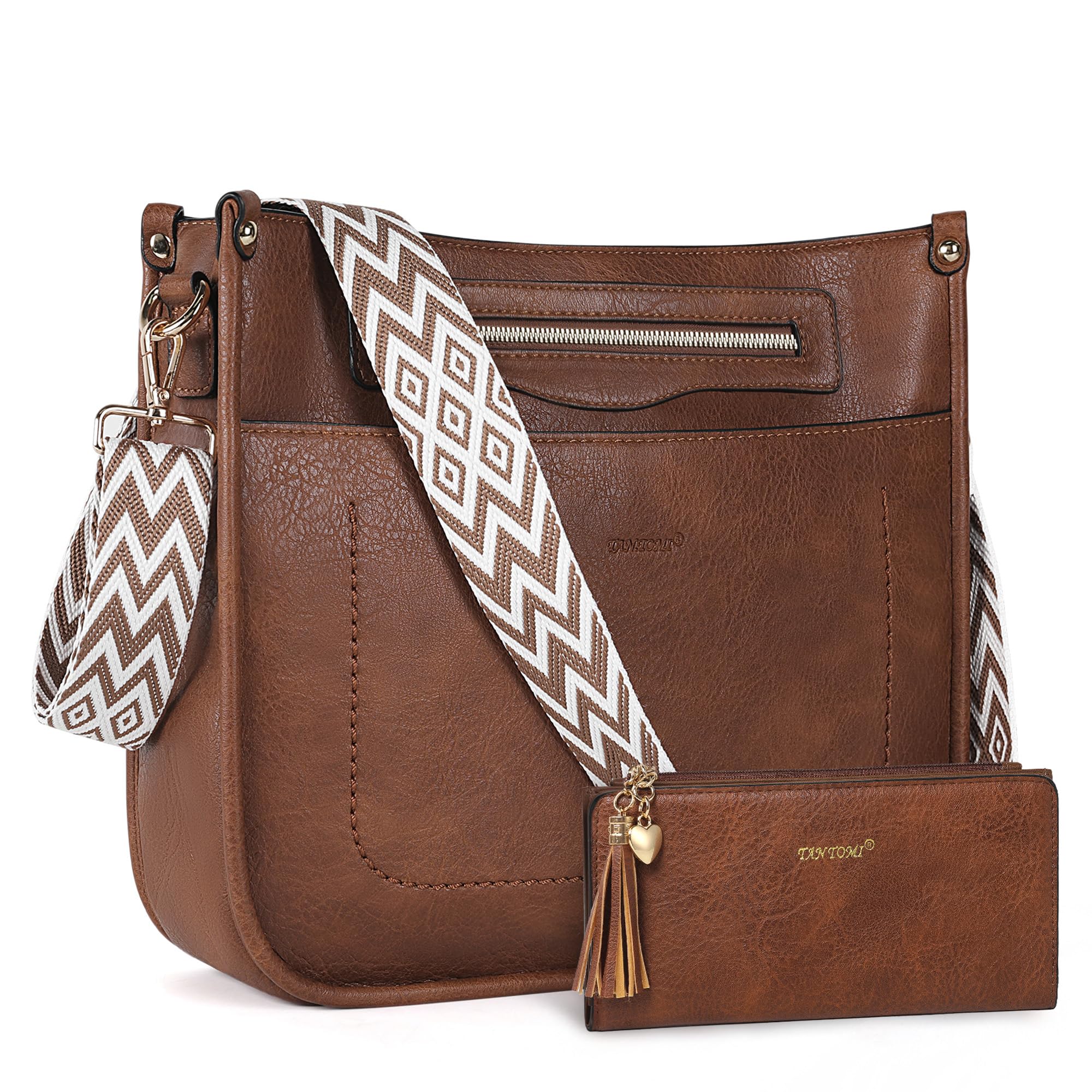 TANTOMI 2PCS Crossbody Bags for Women, Vegan Leather Purses for Women, Hobo Handbags Wallet Set with Adjustable Guitar Strap