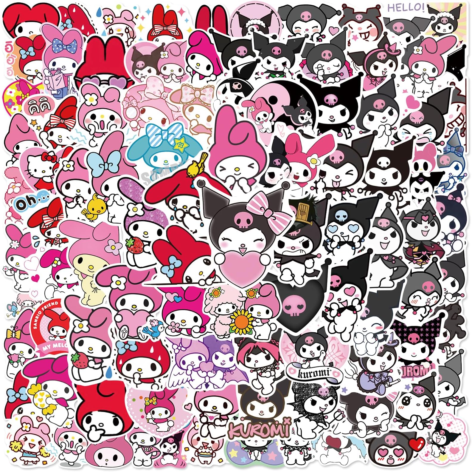 My Cute Melody&Kuromi Stickers Pack 100Pcs, Cute Kawaii Stickers for Kids Teens Adults Waterproof Vinyl Decals Japanese Anime Stickers for Water Bottles Scrapbook Laptop journaling (Melody&Kuromi100)