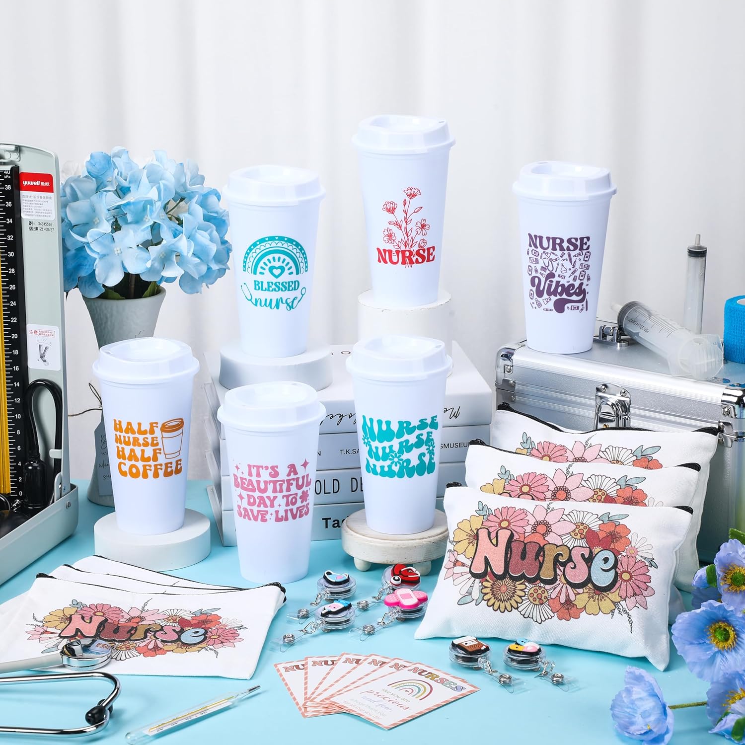 Skylety 24 Pcs Nurses Gifts Bulk Nurse Badge Reels Nursing Plastic Cups Appreciation Gifts Makeup Bags Card Reusable Cute Accessory for Women Hospital Staff Employee Staff - Image 3