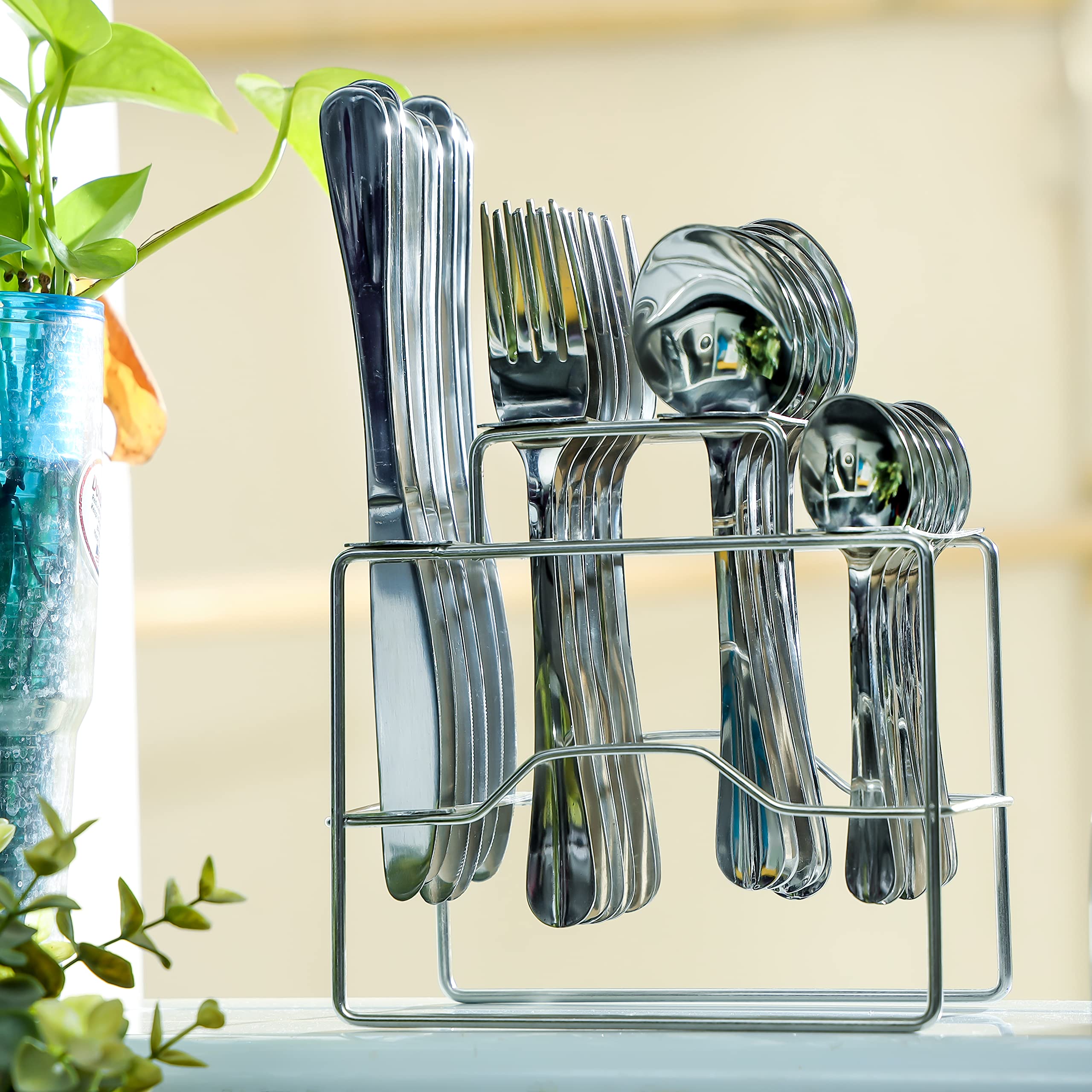 Delcasa Stainless Steel Cutlery Set DC2479 24 Piece Set with Stand 6 Spoon, 6 Fork, 6 Knife, 6 Tea Spoon