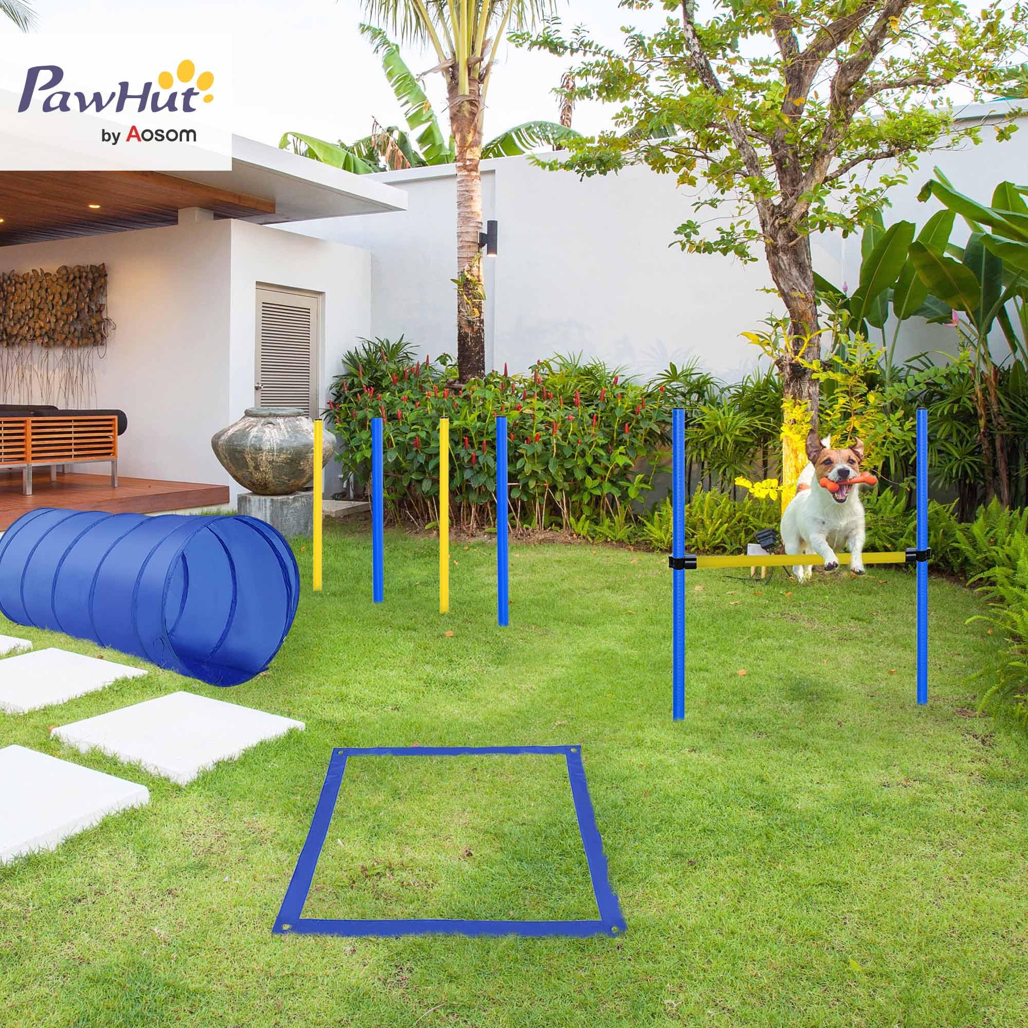 PawHut Agility Sport pour Chiens équipement Complet Obstacles, Tunnel, Slalom, Zone Repos + 2 Sacs de Transport Bleu Jaune