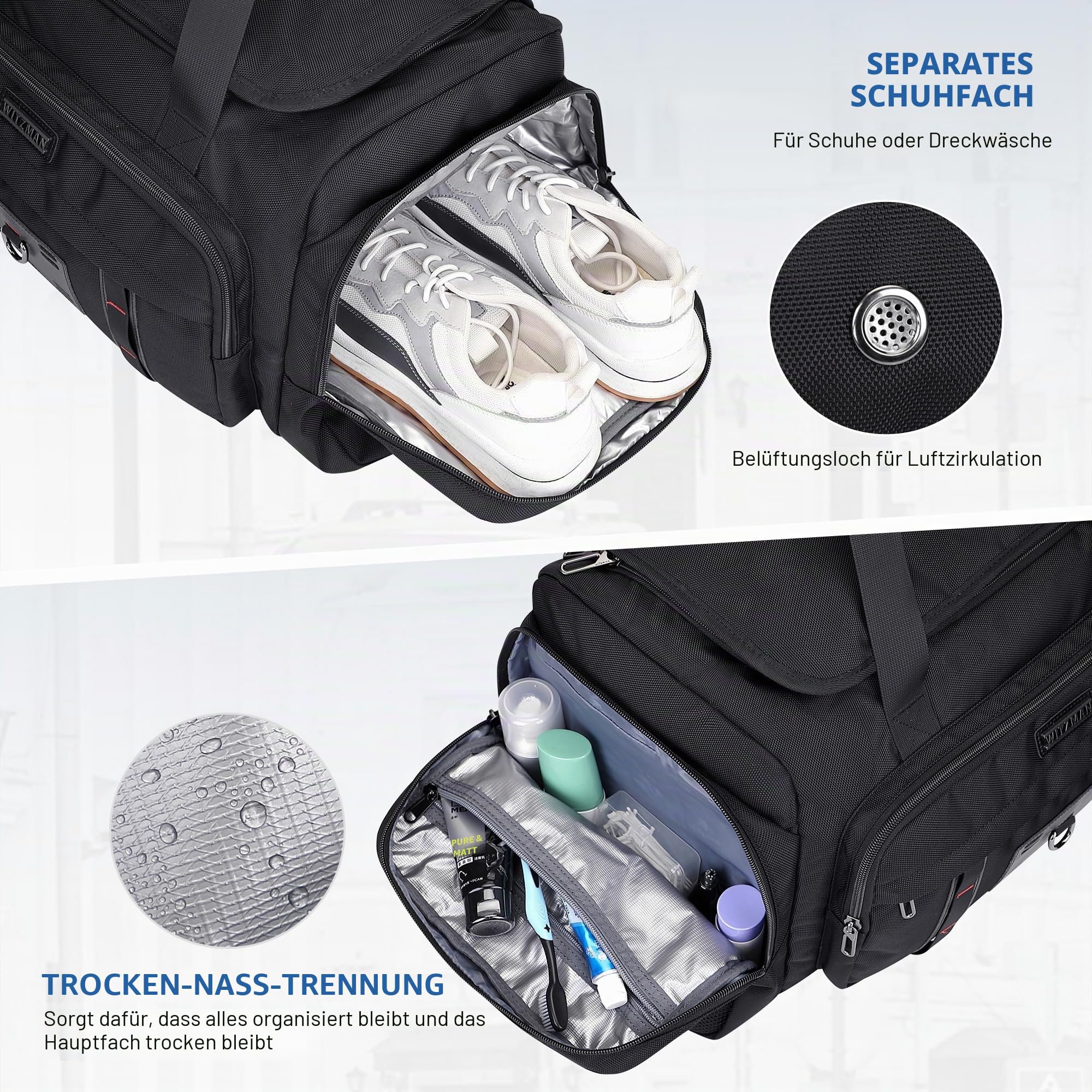 WITZMAN Reisetasche Herren Groß Sporttasche mit Schuhfach Duffle Bag für Travel Gym Trainingstasche Sport Tasche(B719 Schwarz)