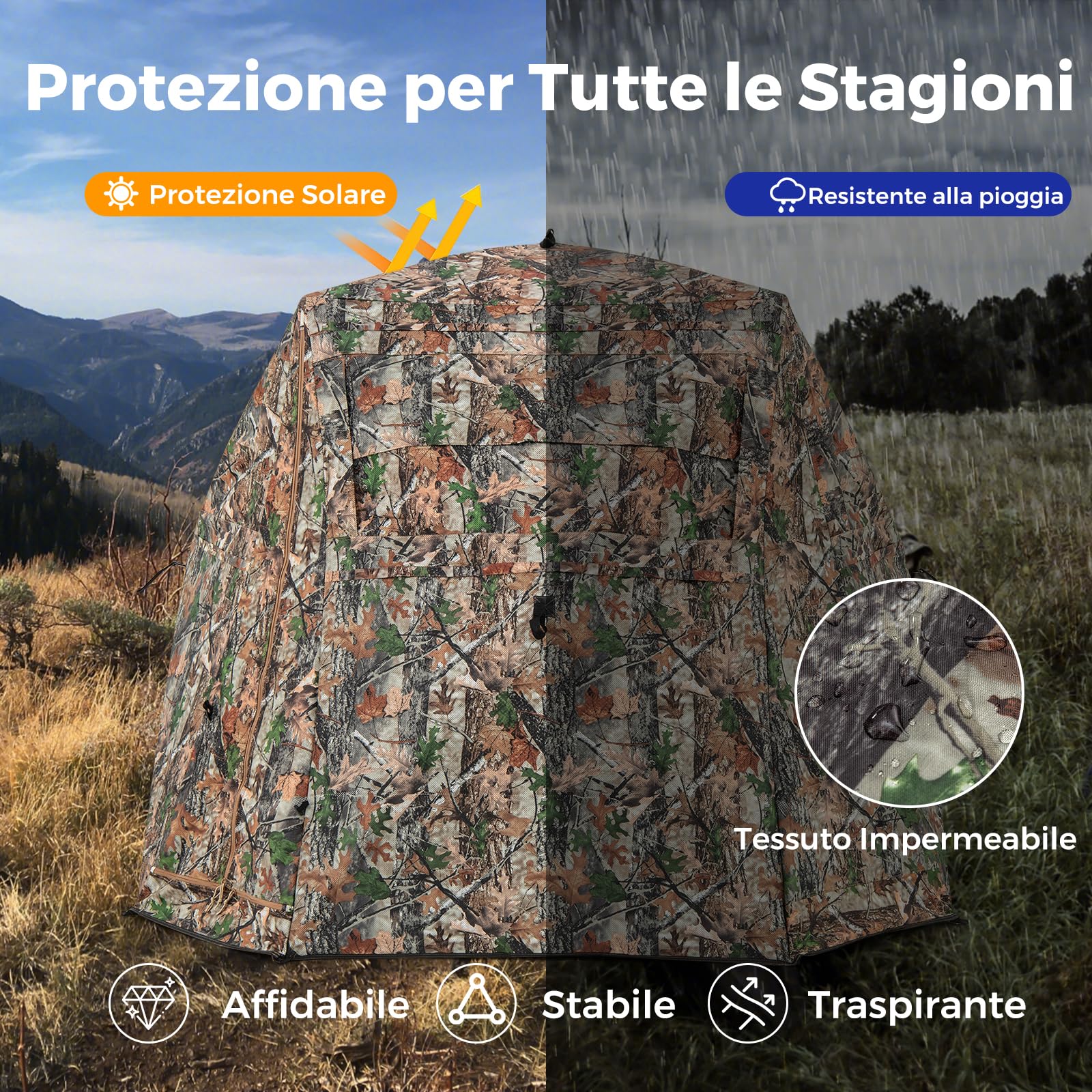 GYMAX Tenda da Caccia 2 in 1, Tenda da Caccia per 2-3 Persone, Tenda da Caccia Trasparente a 360° con Borsa da Trasporto e Porta Completamente Apribile, Tenda Mimetica Pieghevole