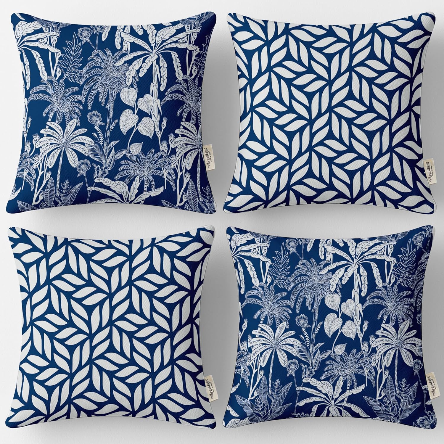 Cotton Cushion Covers Set of 4-16x16 Inch, Block Print, Double-Sided Printed Throw Pillow Covers with Hidden Zipper - No Filler - Beige