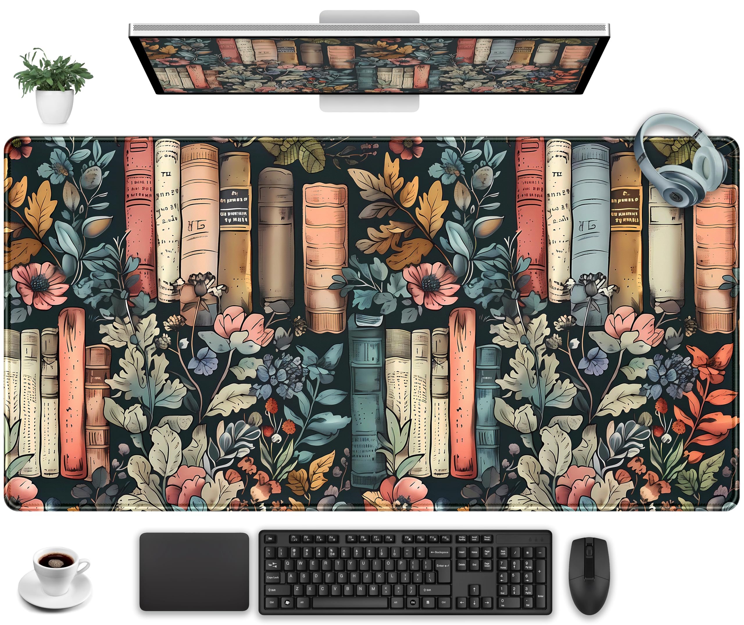 Floral Books Desk Mat Reading Desk Pad Mouse Mat XXL Colorful Mouse Keyboard Pad Flower Bookshelf Desktop Mat