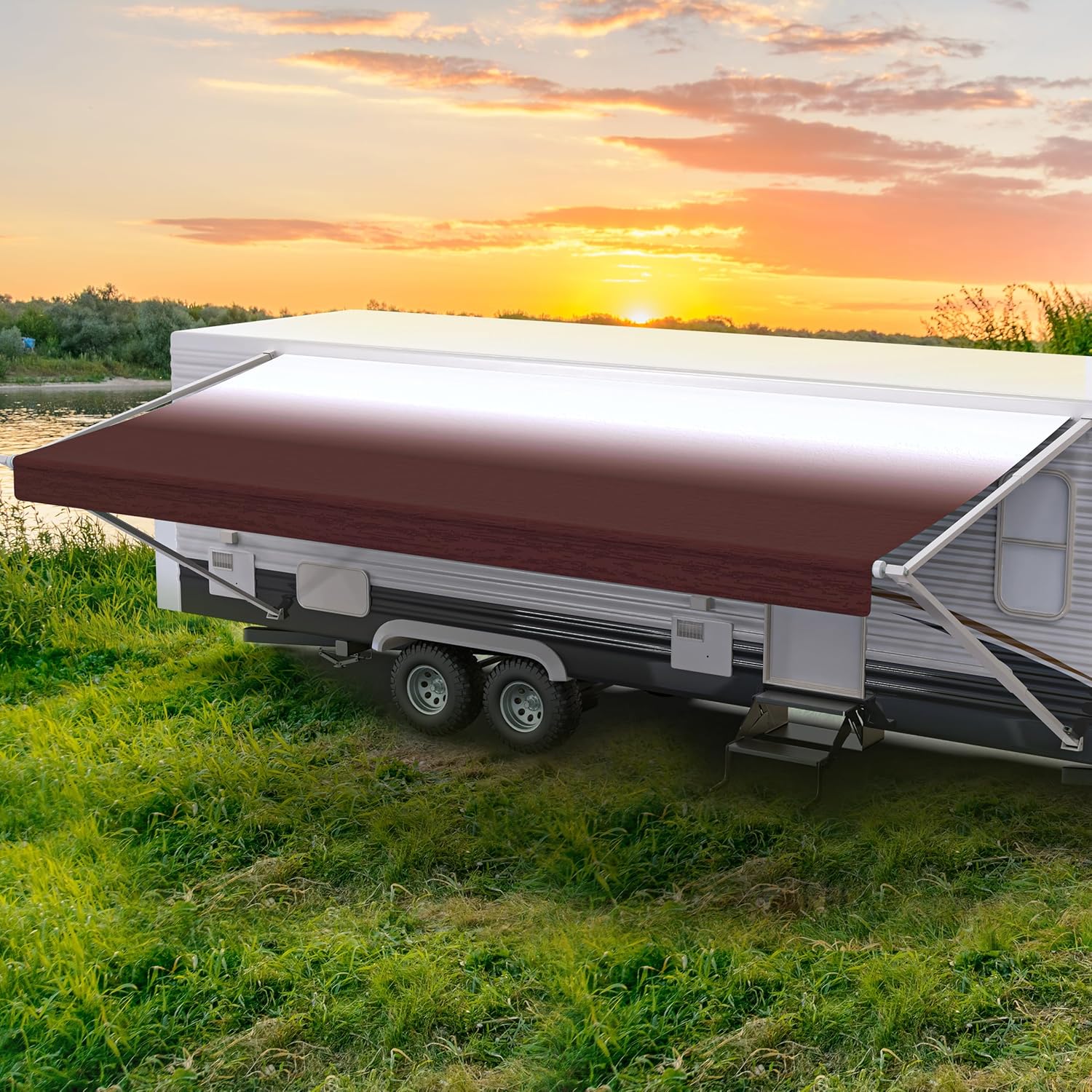 ShadePro - RV Awning Fabric Replacement - Premium Grade Weatherproof Vinyl - Universal Outdoor Canopy for Camper, Trailer, and Motorhome Awnings - Burgundy Fade - 19' (Fabric 18' 2")
