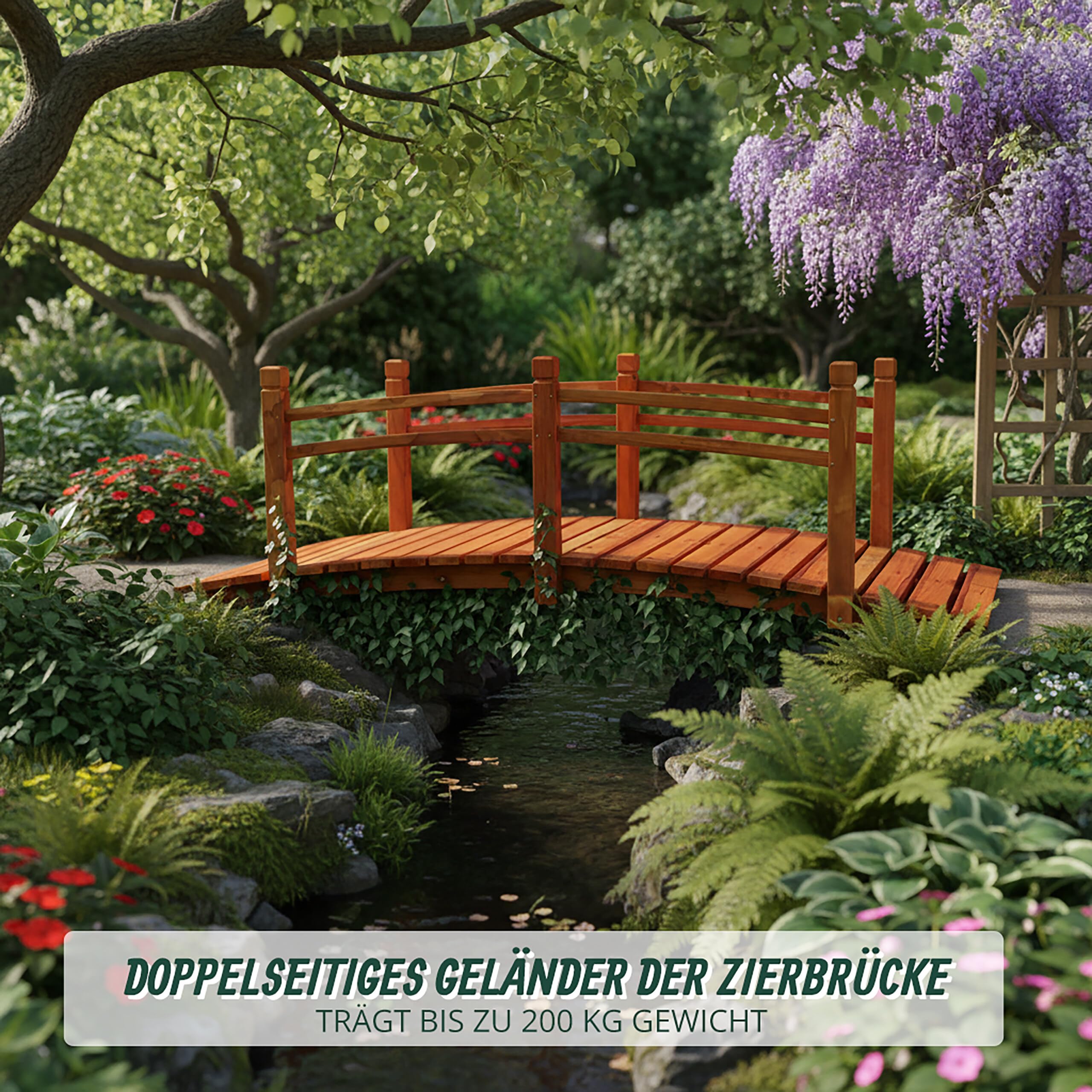 Relaxdays Garten Brücke, mit Geländer, Tannenholz, Gartenteich, HxBxT: 58 x 185 x 72 cm, 200 kg, Holzbrücke, orange