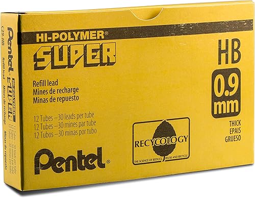 Pentel Super Hi-polímero plomo, 0.035 in, mediano, HB, 30 piezas/tubo, caja de 12 (C29-HB)