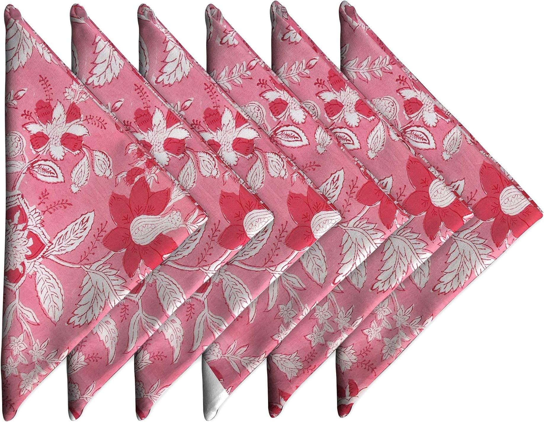 Cotton Dinner Napkins 18x18 inches - Washable Cloth Napkins Set of 6 - Everyday Use or Dinner Party and Events - Pink Lighweight Indian Block Printed Fabric