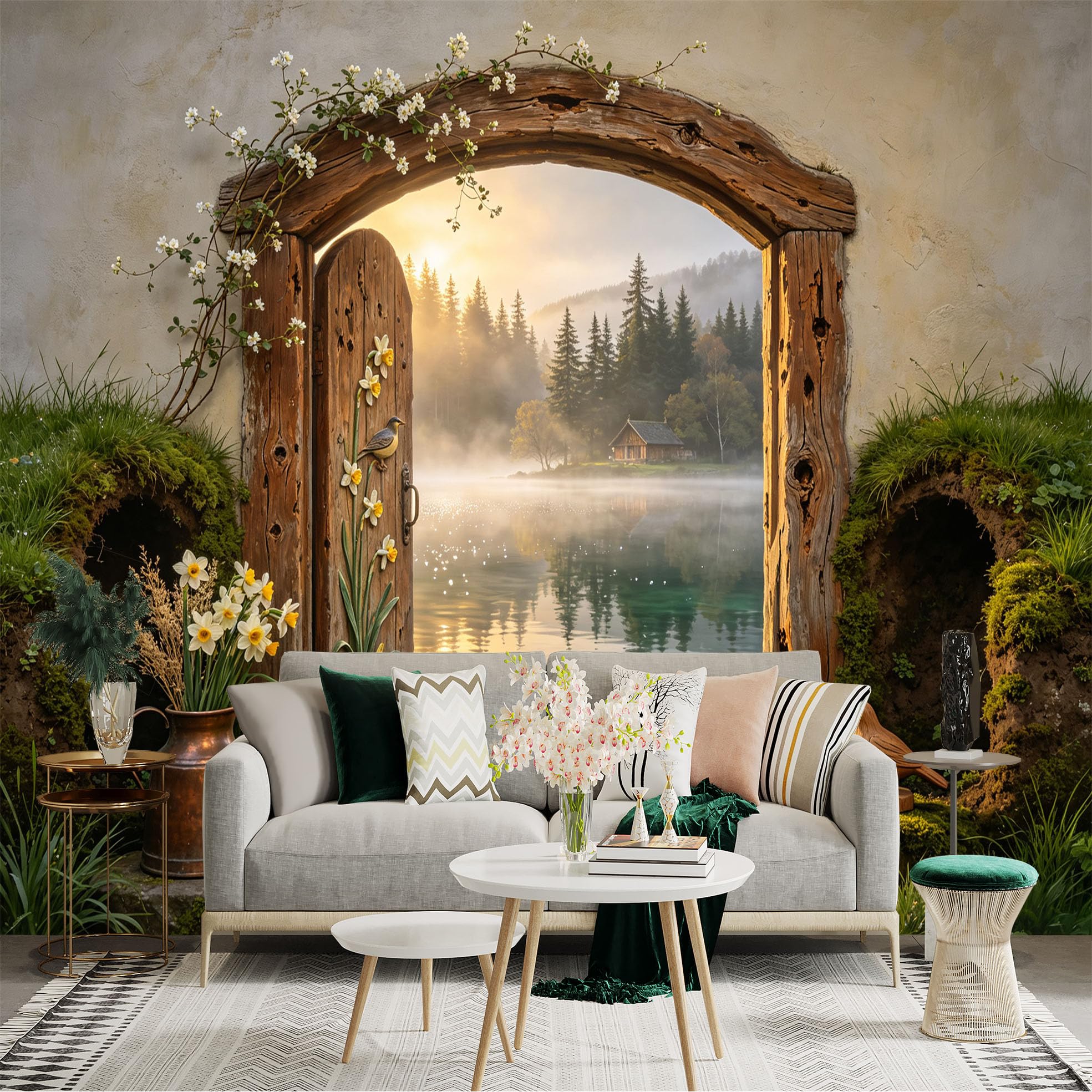 Custom Size Wall Sticker Mural， Rustic Wooden Doorway， Misty Lake Cabin， Forest Sunrise， Floral Nature Scene， for wall Decoration， peelandstick wall Decals.