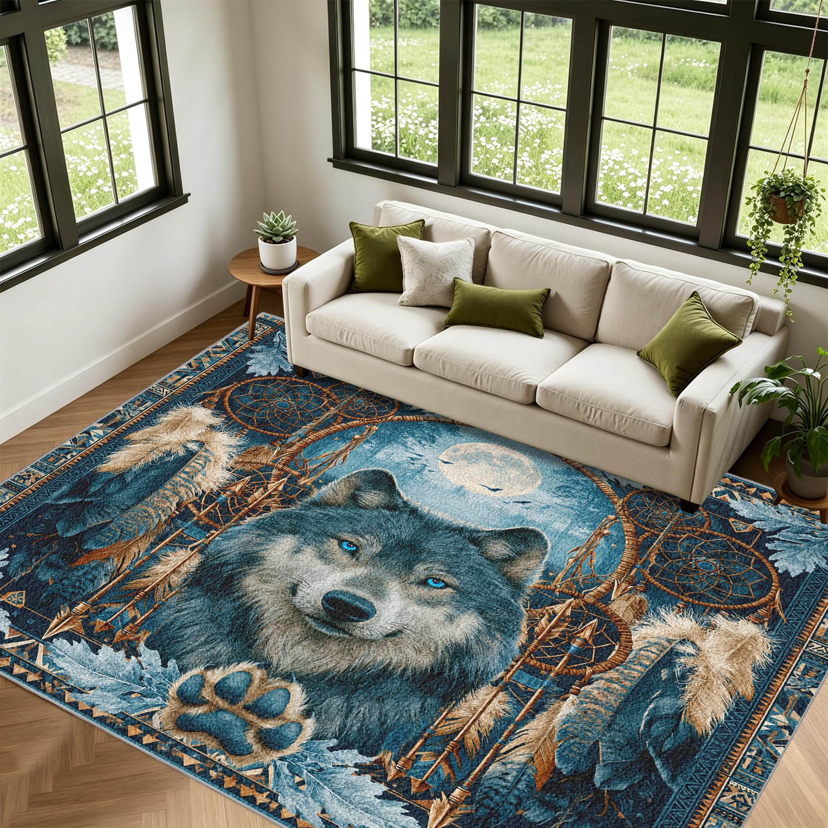 Teppich Wolf Native American Teppiche Schlafzimmer 100x150 Traumfänger | für Schlafzimmer Bettvorleger, Weicher Waschbarer & Kurzflor Rutschfester