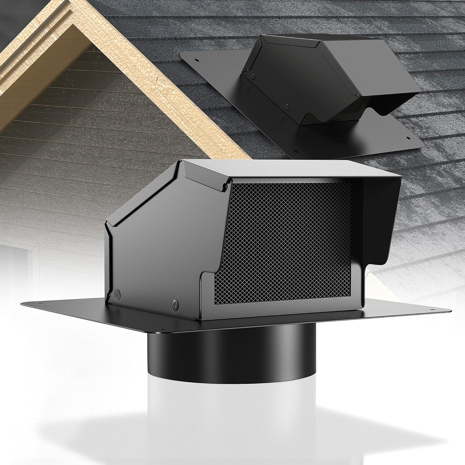 6 Inch Roof Vent Cap Bathroom Exhaust Roof Vent with Damper & Sealed Screen, Removable Ventilation System for Dryer with Bottom Extension Pipe, Black Surface Coating, Waterproof (6 inch)