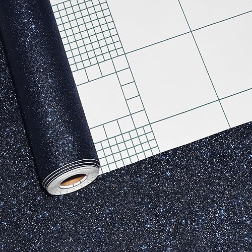 Miniatura 9 de WESTICK Papel tapiz adhesivo con purpurina azul y negro para paredes, papel tapiz adhesivo con purpurina brillante para despegar y pegar, papel
