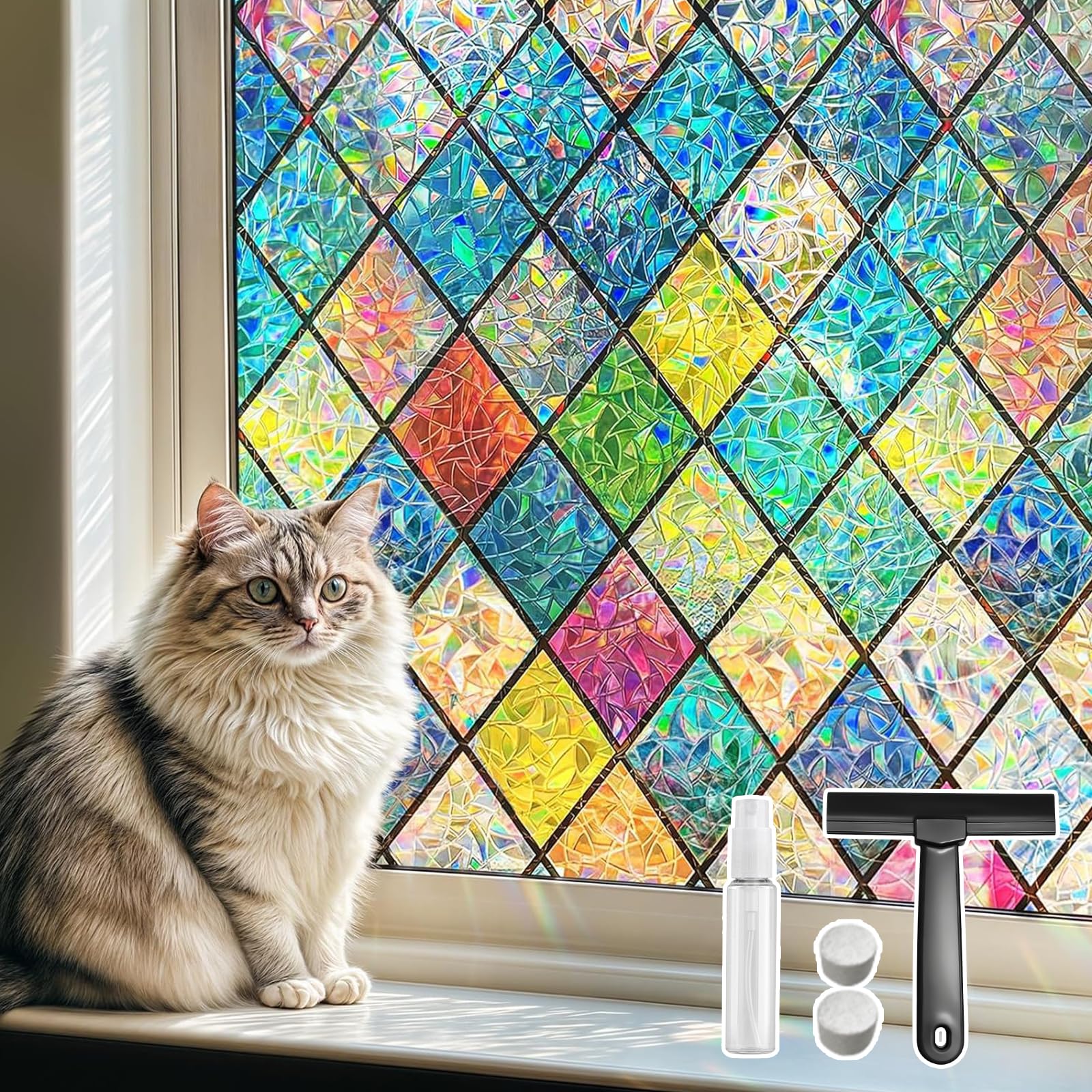 Qualsen Film Fenetre Anti Regard Effet Arc-en-Ciel 90 x 200cm, Film Electrostatique Vitre Motif en Losanges Anti UV Non Adhesif Films Vitrail Décoratif Brise Vue Fenetre pour Chambre Cuisine