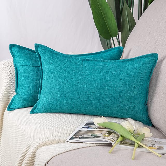 Madizz Set of 2 Linen Cushion Covers 12x20 Inch Teal Soft Decorative Throw Pillow Cases for Sofa Bedroom Pillow Shell