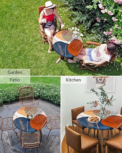 Miniatura 6 de Mantel redondo de mármol para mesa de cocina con borde elástico, mantel ajustable azul dorado degradado para mesas redondas, mantel impermeable para