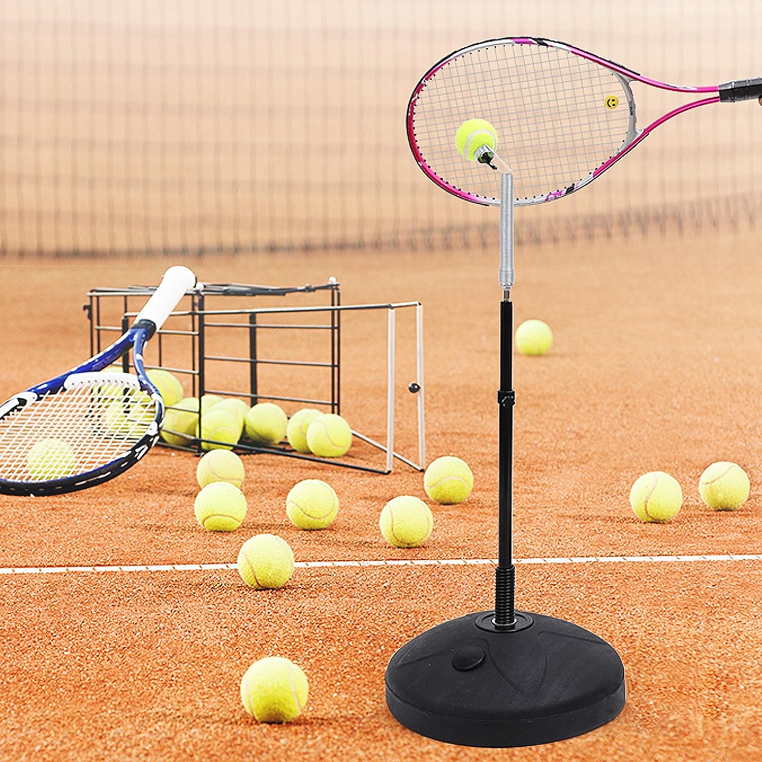 ITHWIU Tennis Ball Trainer Tennis Swing Trainer Practice Training Tool Adjustable Height,Tennis Base with A Retractable Iron and Tennis Rebound Player with Trainer Baseboard + 2 Training Ball, Black : Sports & Outdoors
