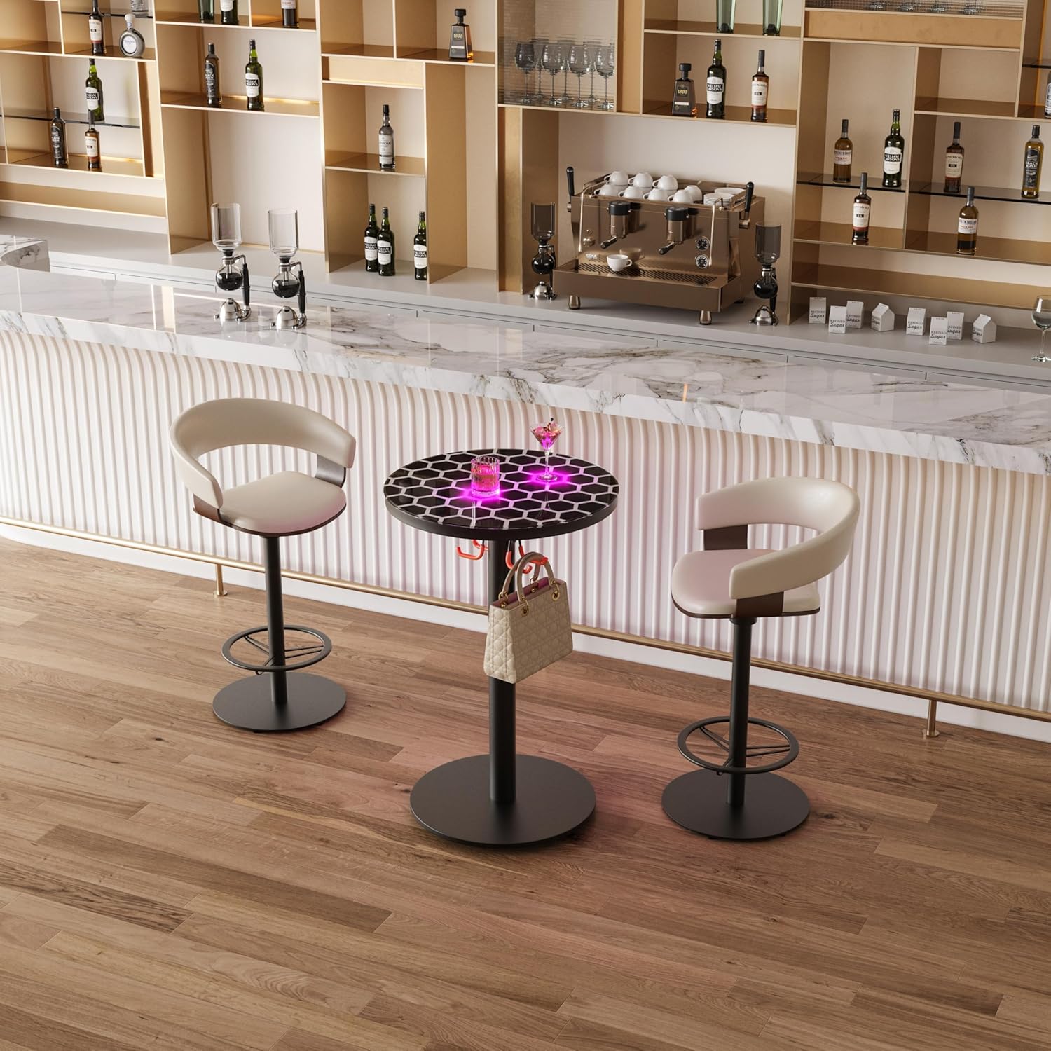Round Bar Table, Modern Cocktail Table with LED Touch Sensitive Light, Black Honeycomb Glass High Top Table with Large Steel Base, Tall Pub Table for Kitchen, Bistro, Parties, 39.76" Height