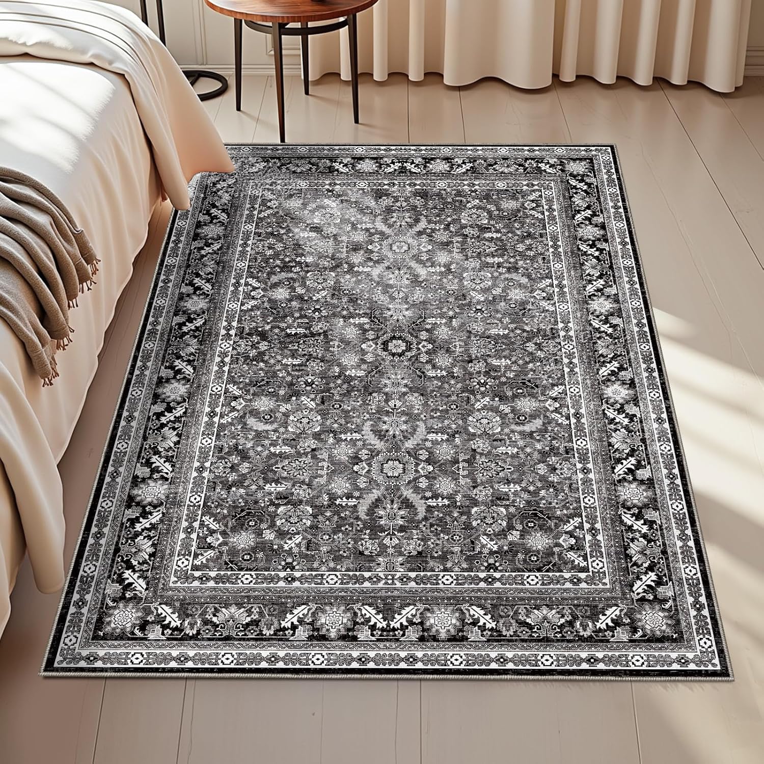 OPPODREAM Vintage Black Area Rugs 3x5, 3 x 5 Retro Washable Rug Non Slip, Low-Pile Faux Wool Carpet, Distressed Floor Mat for Living Room, Bedroom, Kitchen, Office, Dorm, Dinning Room