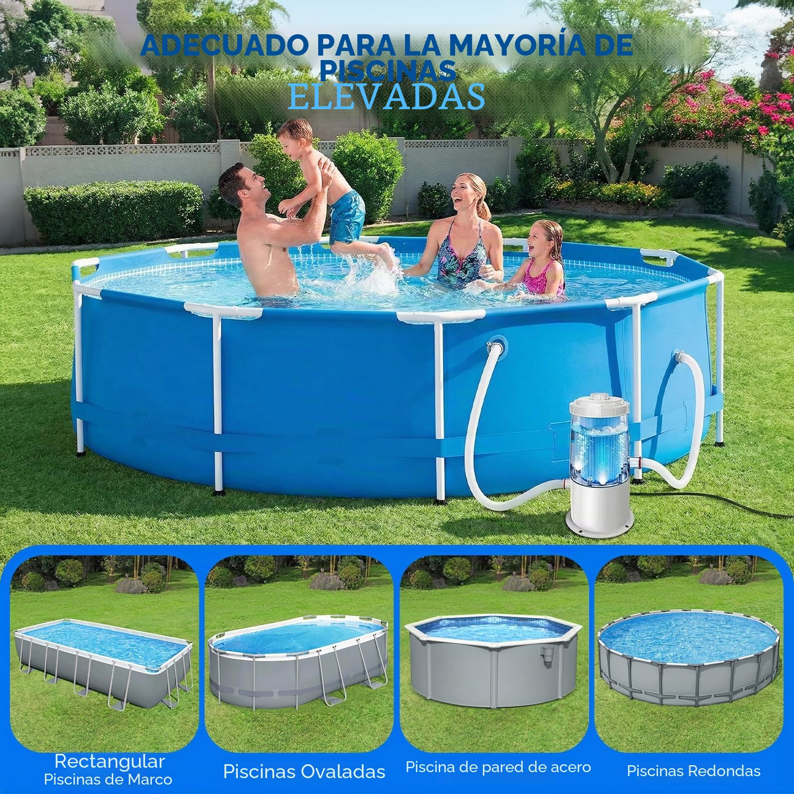 Depuradora Piscina Desmontable Bomba Filtro - Kit Completo Filtro Piscina 90W 3785L/H con Cartucho, Fácil Instalación y Bajo Consumo para Piscinas Pequeñas