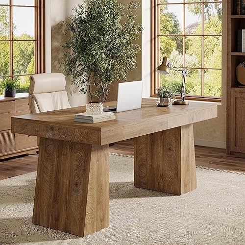 Miniatura 3 de Tribesigns Escritorio ejecutivo de 55 pulgadas, escritorio de oficina de madera con doble pedestal, mesa de escritura moderna y simple para