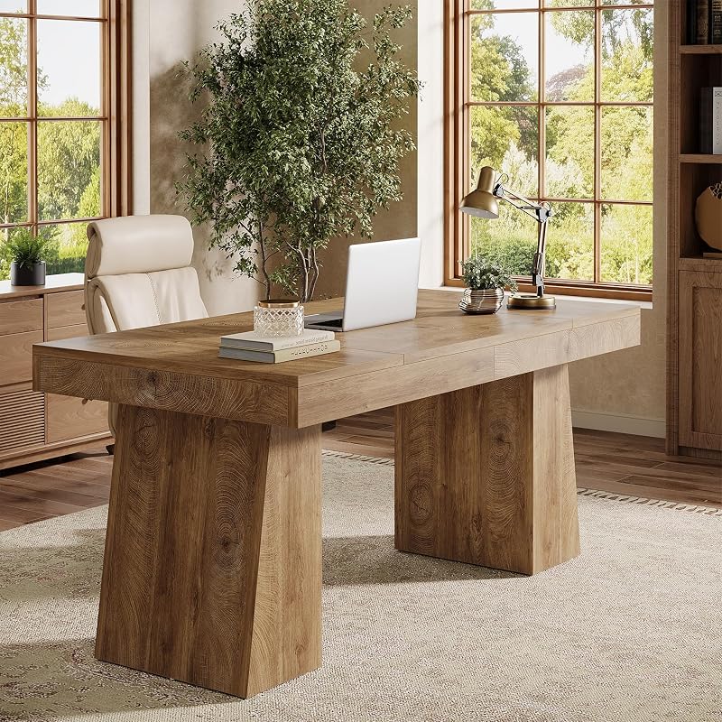Tribesigns 55" Executive Desk, Wooden Office Desk with Double Pedestal, Modern Simple Computer Writing Table for Home Office, Light Brown image 3