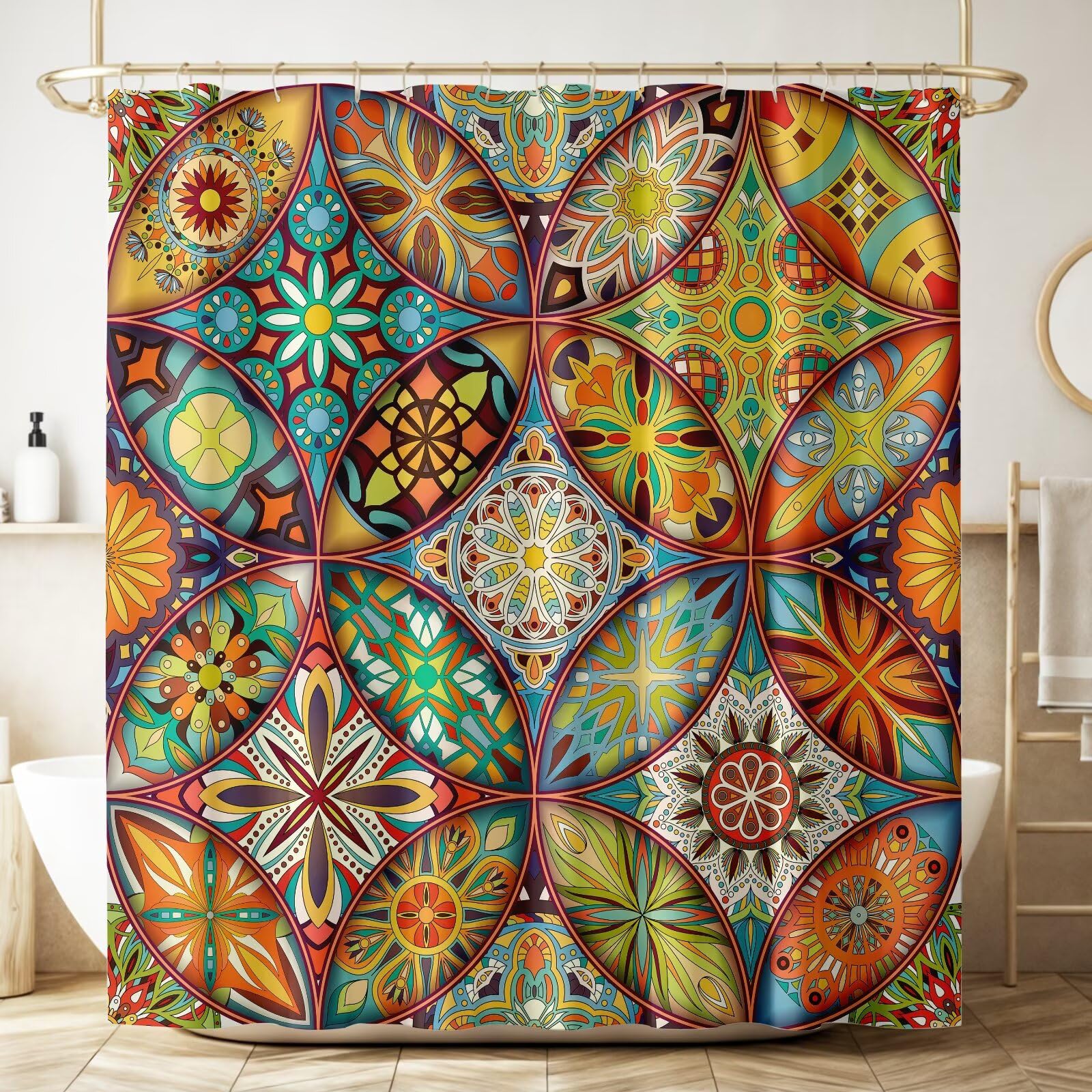 ZhiRain Boho Floral Shower Curtain Colorful Bohemian Mandala Waterproof Fabric Bathroom Curtains Home Privacy Bath Decor with Hooks 66x72Inch（