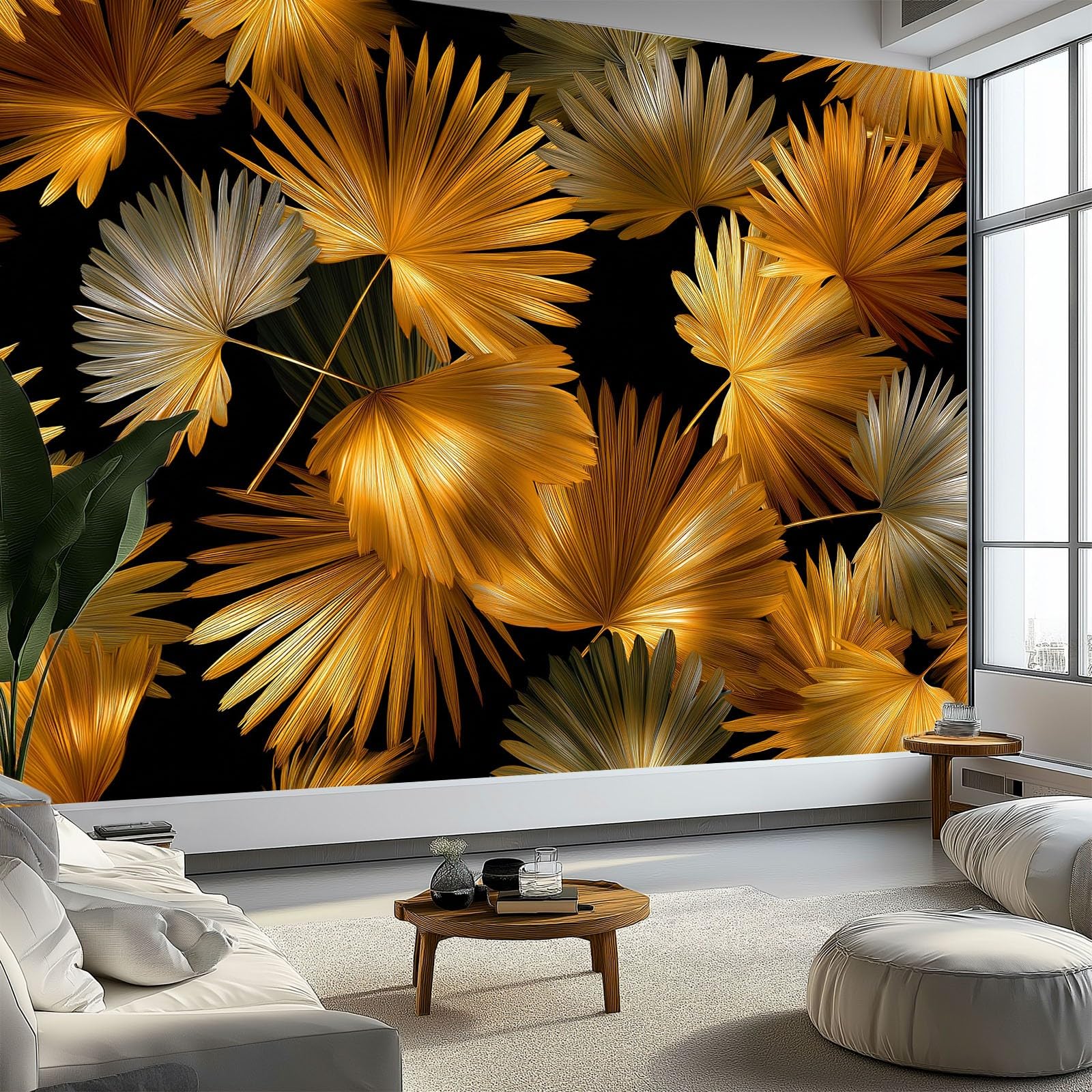 Générique Panoramiczna tapeta botaniczne liście palmowe minimalizm rośliny 350 x 256 cm, gobelin ścienny tapeta - dekoracja ścienna do salonu korytarz włóknina złota tapeta