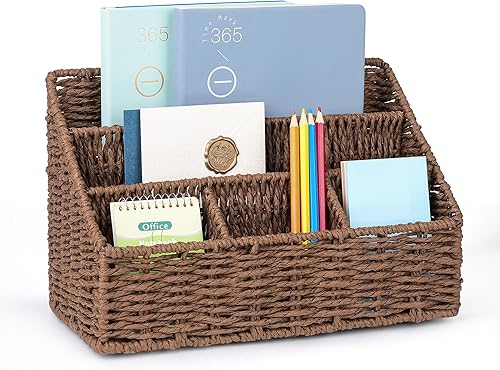 Organizador de escritorio de ratán marrón con 5 ranuras, soporte de correo de mesa, organizador de correo de 5 ranuras, cesta de encimera,