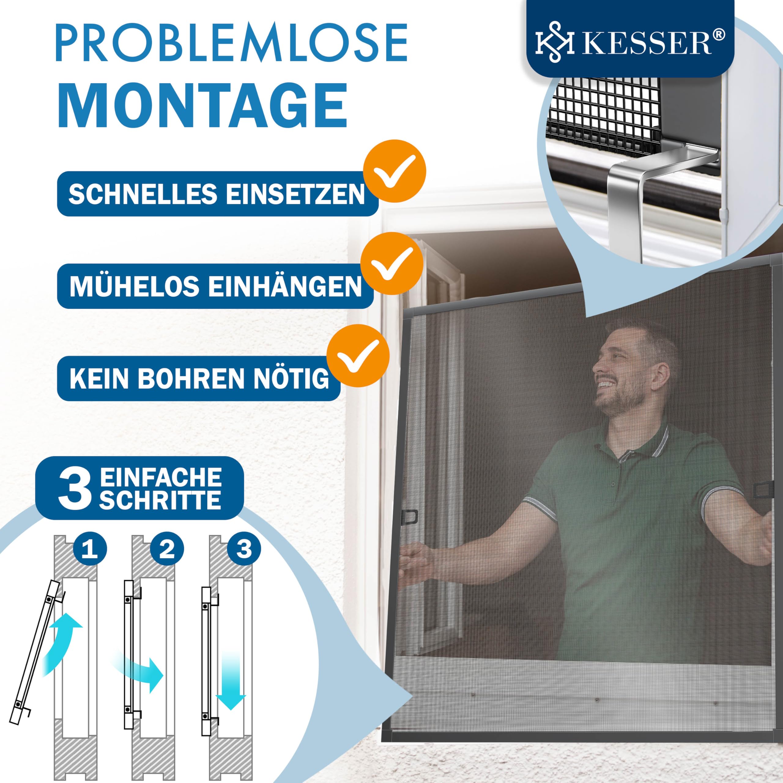 KESSER® - Mosquitera para ventana (110 x 130 cm, protección contra mosquitos con marco de aluminio, mosquitero enrollado sin taladrar, protección contra insectos, mosquitera para ventana