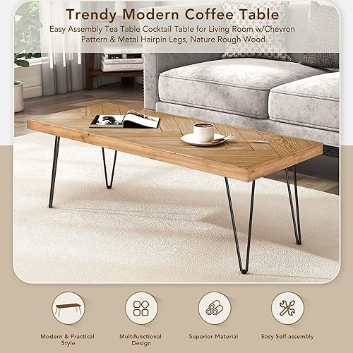 Miniatura 6 de Royard Oaktree Coffee Table Rustic Wood Oaktree Coffee Table with Herringbone Pattern Top & Metal Hairpin Legs Industrial Cocktail Table for Living