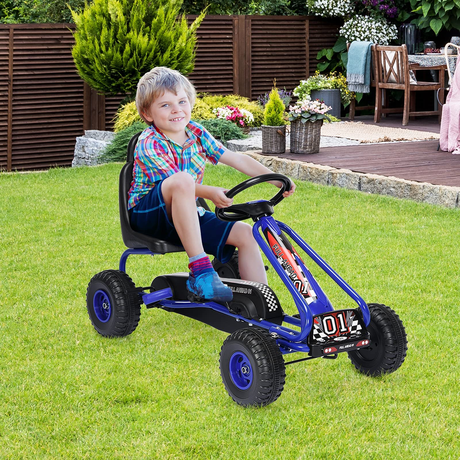 GYMAX Go Kart per Bambini 3-6 Anni, Macchina Cavalcabile con Pedali e Sedile Regolabile, Go Kart Giocattolo Facile da Controllare, 50x92x53 cm (Blu)