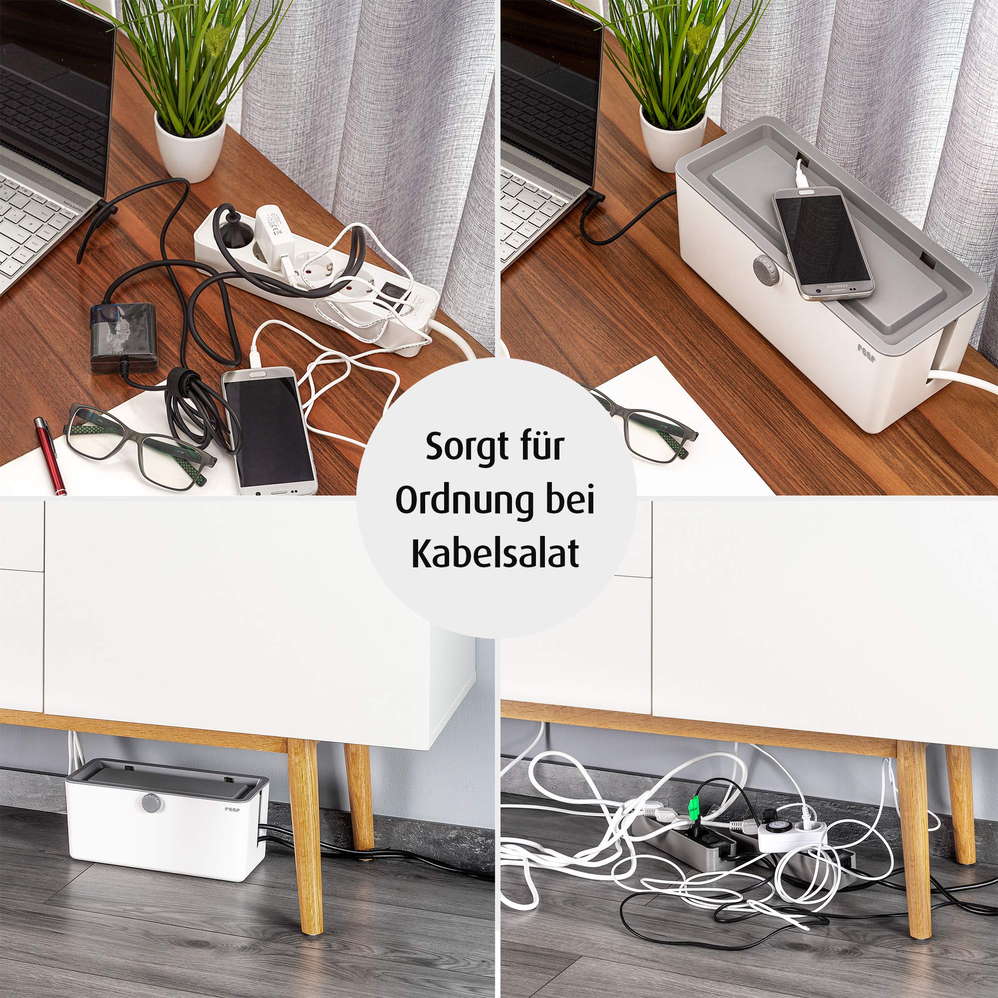 Reer 78020 CableGuard skrzynka kablowa – bezpieczne zarządzanie kablami i wieloma gniazdami, kolor biały