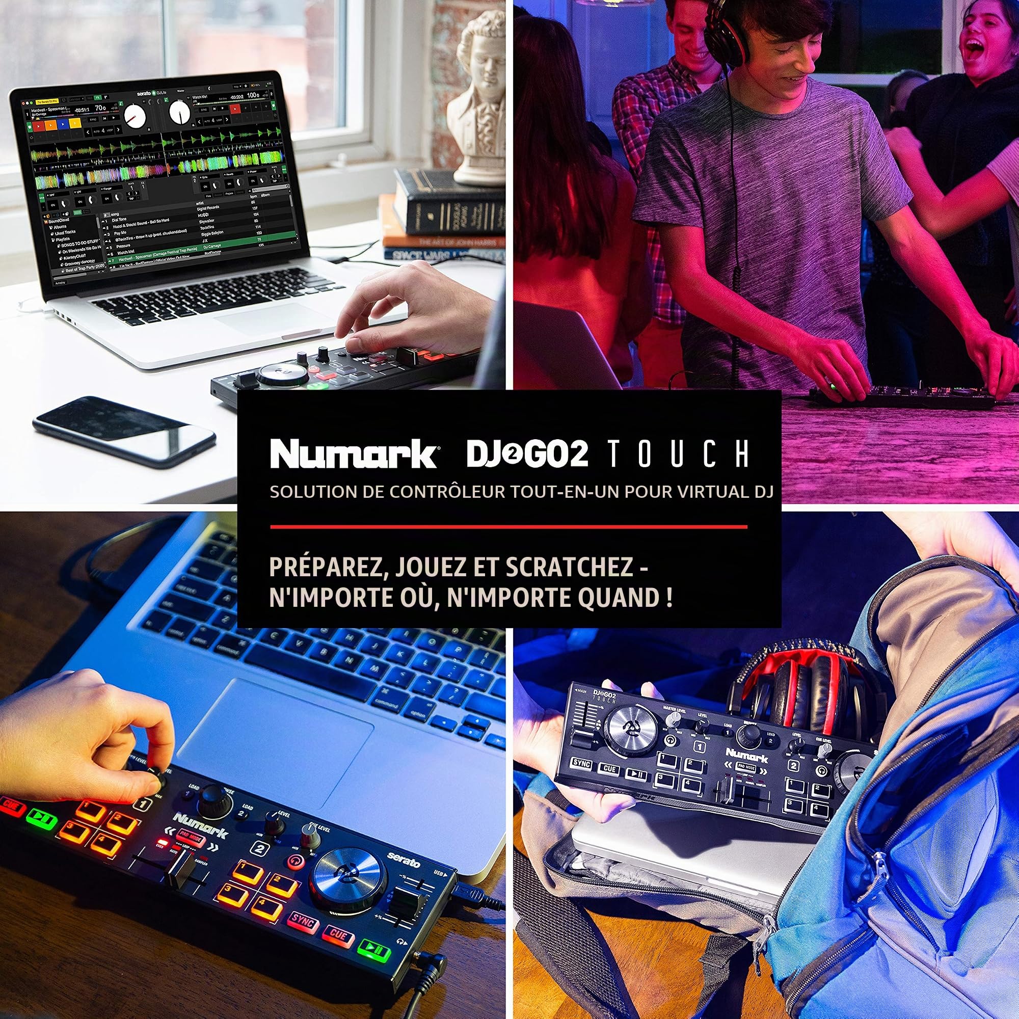 Numark DJ2GO2 Touch et HF125 – Contrôleur DJ USB 2 Decks Compact pour Serato DJ avec Table de Mixage DJ, Carte son Intégrées et Casque Audio DJ Inclus